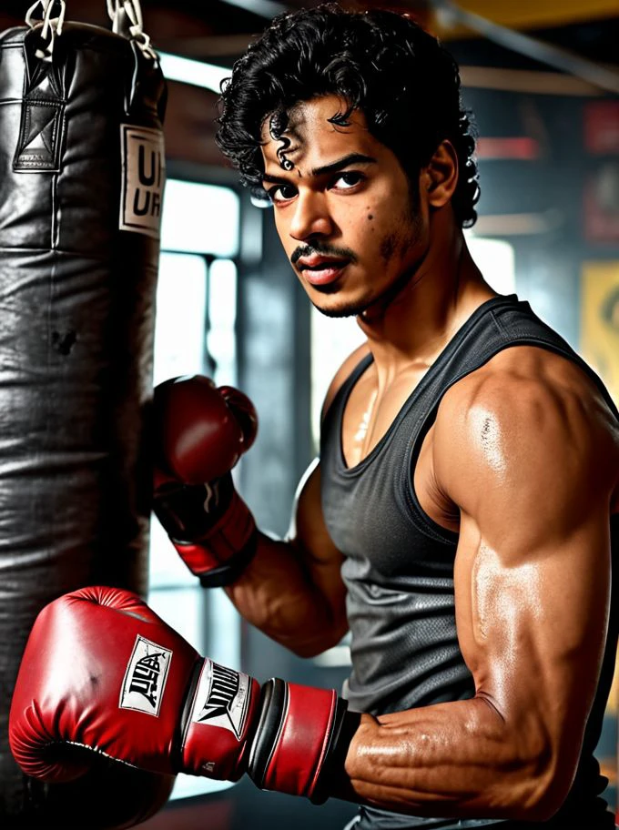 Ishaan Khatter a man <lora:Ishaan-Khatter:0.6>, punching a boxing bag in a grungy gym. Sweating it out, wearing a tight wet vest showing ripped biceps. Side view, high detail, realistic, 8k, depth of field, sharp focus, intricate, smooth, masterpiece, photorealistic, professional photoshoot quality, highly detailed detailed face, realistic skin, ultra-realistic, uhd, full body in frame, <lora:add-detail-xl:1>