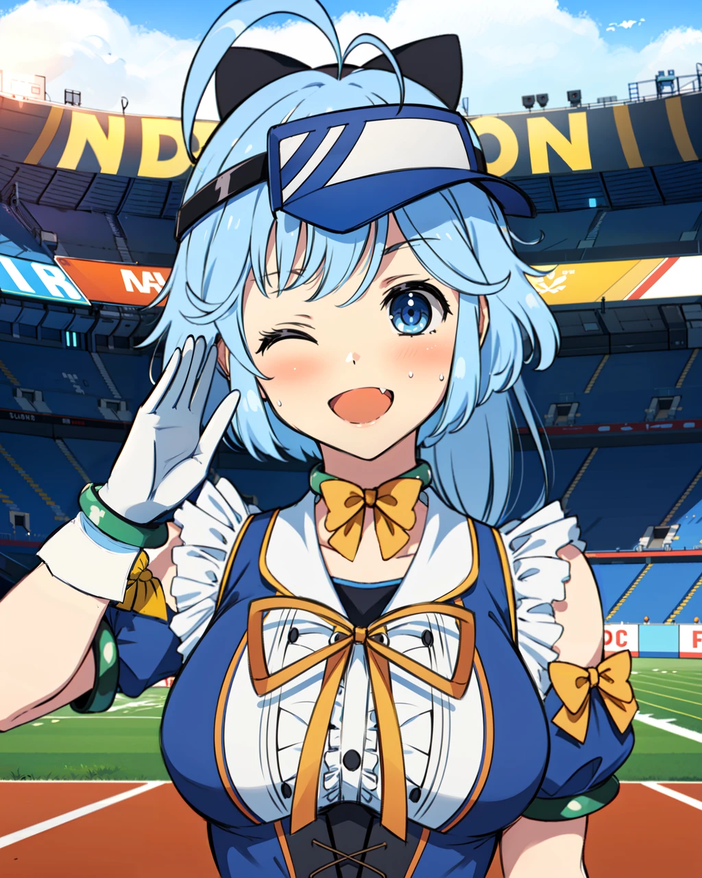 masterpiece, high quality, 1girl, mgrcutsuhonatsuki, upper body, medium shot, dynamic pose, saluting, looking at viewer, blue hair, blue eyes, ahoge, blue with white visor cap, yellow bowties, black bow hairpin, white with blue dress, blue with black corset, green bracelets, white belt, white gloves, one eye closed, wink, mouth open, smiling, outdoors, stadium, detailed hands, <lora:mgrcutsuhonatsuki:0.75>