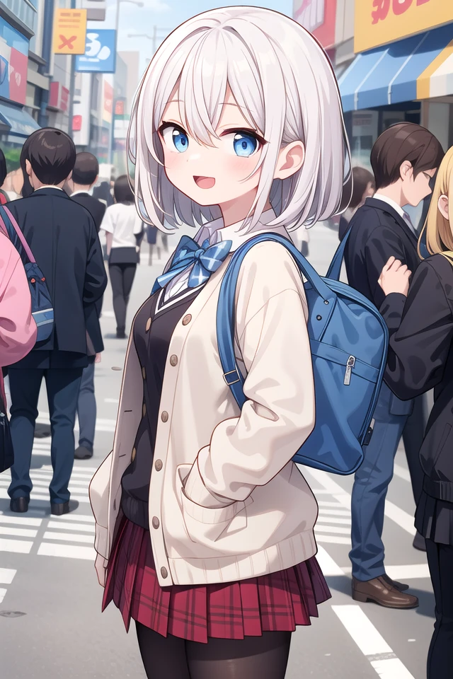 insanely detailed, absurdres, ultra-highres, ultra-detailed, best quality,
1girl, solo, nice hands, perfect hands
BREAK
(School Uniforms:1.2), (pink cardigan is fit body:1.4), ((do up a buttons, not loose):1.5), ((long sleeve, sleeves past wrists):1.2), (inner wear is white collared-shirt:1.3), (red plaid-pattern bow:1.3), (red plaid-pattern pleated skirt:1.3), ((dark-brown pantyhose, loafers):1.2)
BREAK
(nsfw:-1.5)
BREAK
happy smile, laugh, open mouth
BREAK
from side,
standing, cowboy shot, looking at viewer
BREAK
slender, kawaii, perfect symmetrical face, ultra cute girl, ultra cute face, ultra detailed eyes, ultra detailed hair, ultra cute, ultra beautiful
BREAK
shibuya, akihabara, tokyo, street, crowd, cityscape, depth of field, ultra detailed background
BREAK
medium breasts
BREAK
grey hair, blue eyes, bob with bangs, hair between eyes