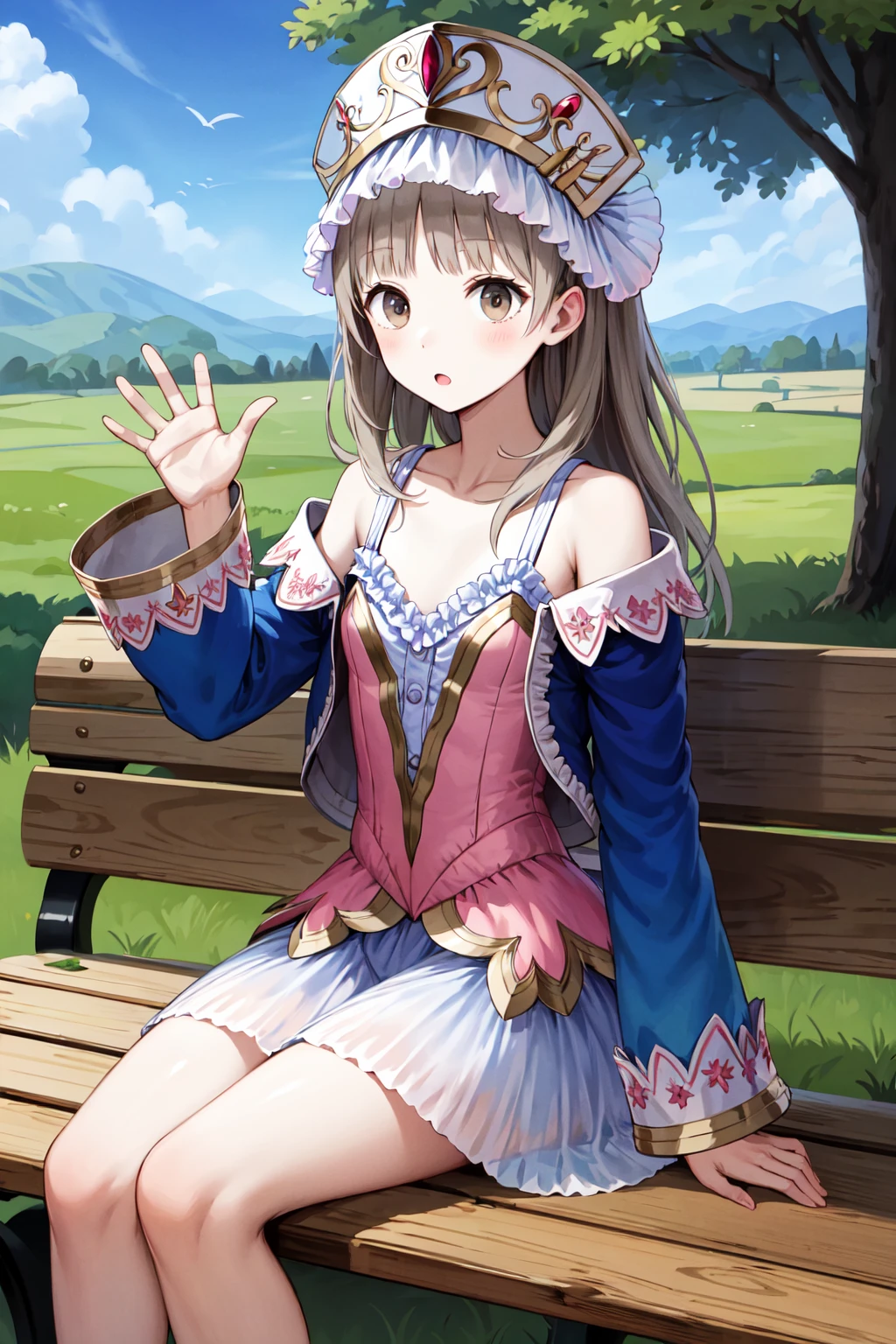 masterpiece, best quality, highres, aatotooria, long hair, hat, headdress, brown eyes, collarbone, bare shoulders, frills, pink dress, blue jacket, open jacket, skirt, <lora:totooria_helmold_v1:0.7>, sitting, bench, waving, :o, outdoors