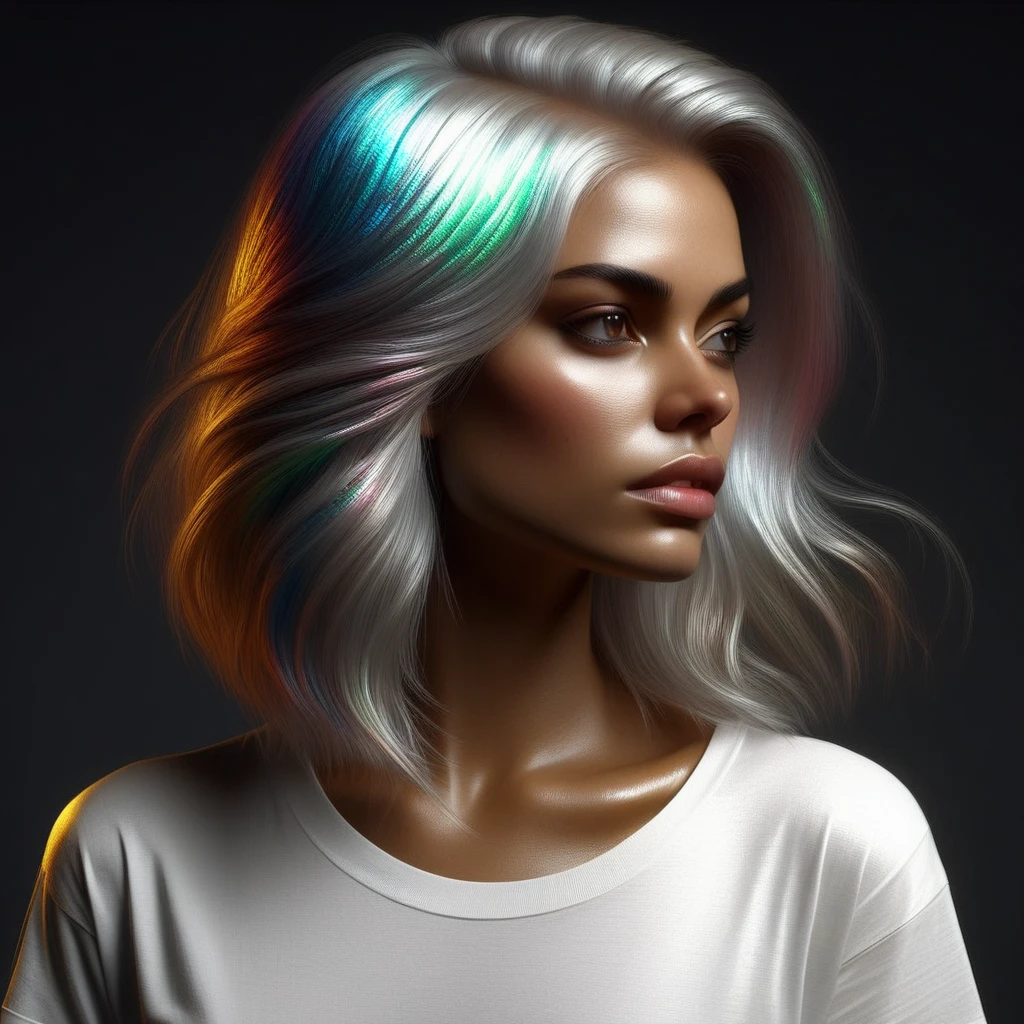 iridescent, a portrait of a woman with iridescent hair and a white t-shirt, concept art