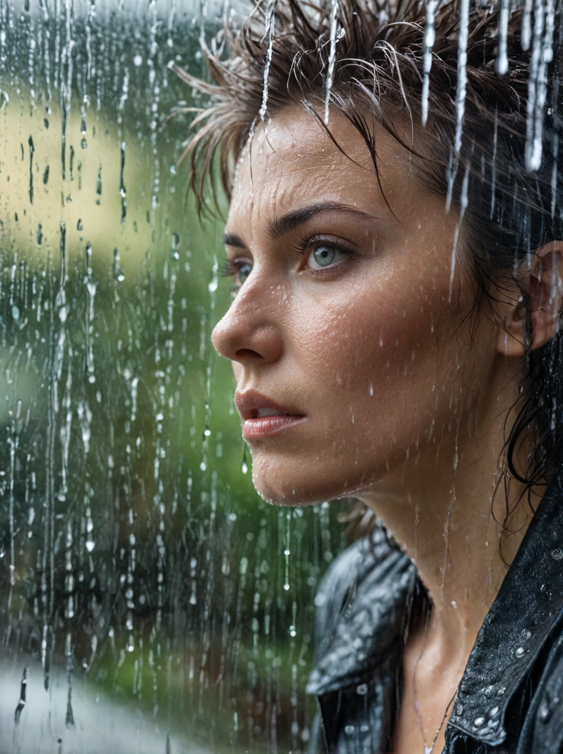 a beautiful woman,Spiky hair,White,A woman with a haunted expression gazes out a rain-streaked window, her reflection distorted by the rivulets of water cascading down the glass, hinting at the tumultuous emotions raging within.,telephoto shot,,Canon EF,Lens Flare