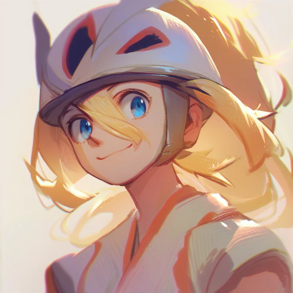 score_9, score_8_up, score_7_up, score_6_up, score_5_up, score_4_up, 1girl, korrina, solo, portrait, smile, blonde hair, long hair, hair between eyes, ponytail, blue eyes, helmet,