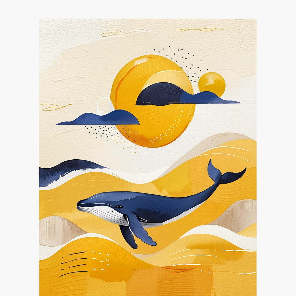 FRESHIDEAS Flat poster 1,a hand-painted abstract whale,yellow bottom,plane composition,artistic composition,abstract poster,minimalist style.,