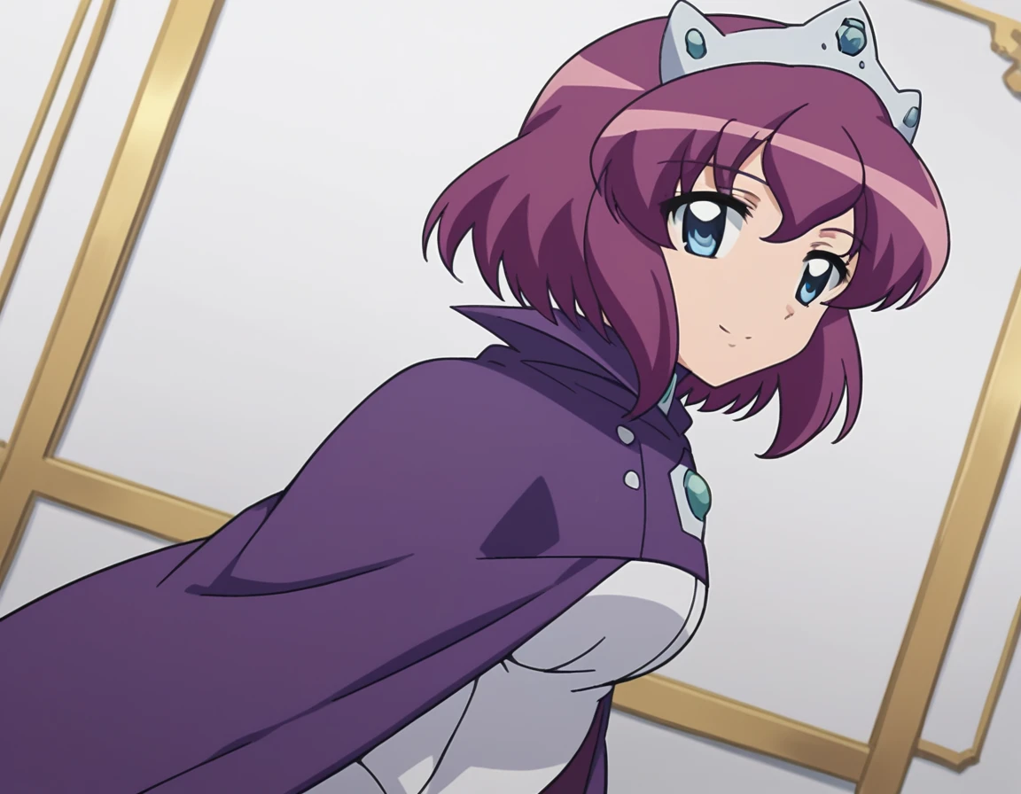 score_9, score_8_up, score_7_up, source_anime,
henriettadetristain, <lora:henrietta-de-tristain-s3-ponyxl-lora-nochekaiser:1>,
henrietta de tristain, short hair, blue eyes, purple hair,
long sleeves, hat, dress, cape, tiara, crown, purple cape, white dress, long sleeves,
indoors, bent over, smile,
looking at viewer, cowboy shot, solo, dutch angle