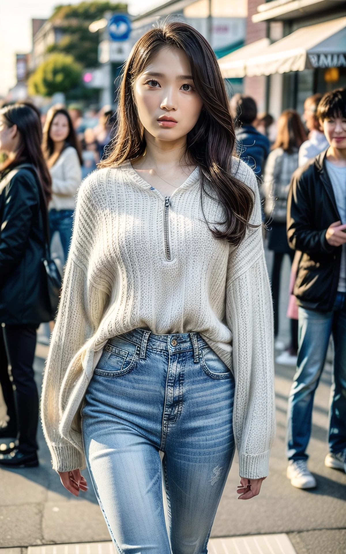 (smiling:1.2), (fullbody:1.2),  (realistic), (hyperrealism), (photorealistic:1.4), 1girl,  looking at the viewer, eye makeup, detailed eyes, detailed face, (upper body:1.2), detailed background, walking at the streets, sunset, (windy:1.2)  z1pp3rsw3at3r,, sleeves past wrists, zipper sweater, Denim jeans <lora:more_details:1>  <lora:zoom_slider_v1:2>   <lora:Kim_Hye_Yoon_V1:1> B_Kim_Hye_Yoon_V1 1woman