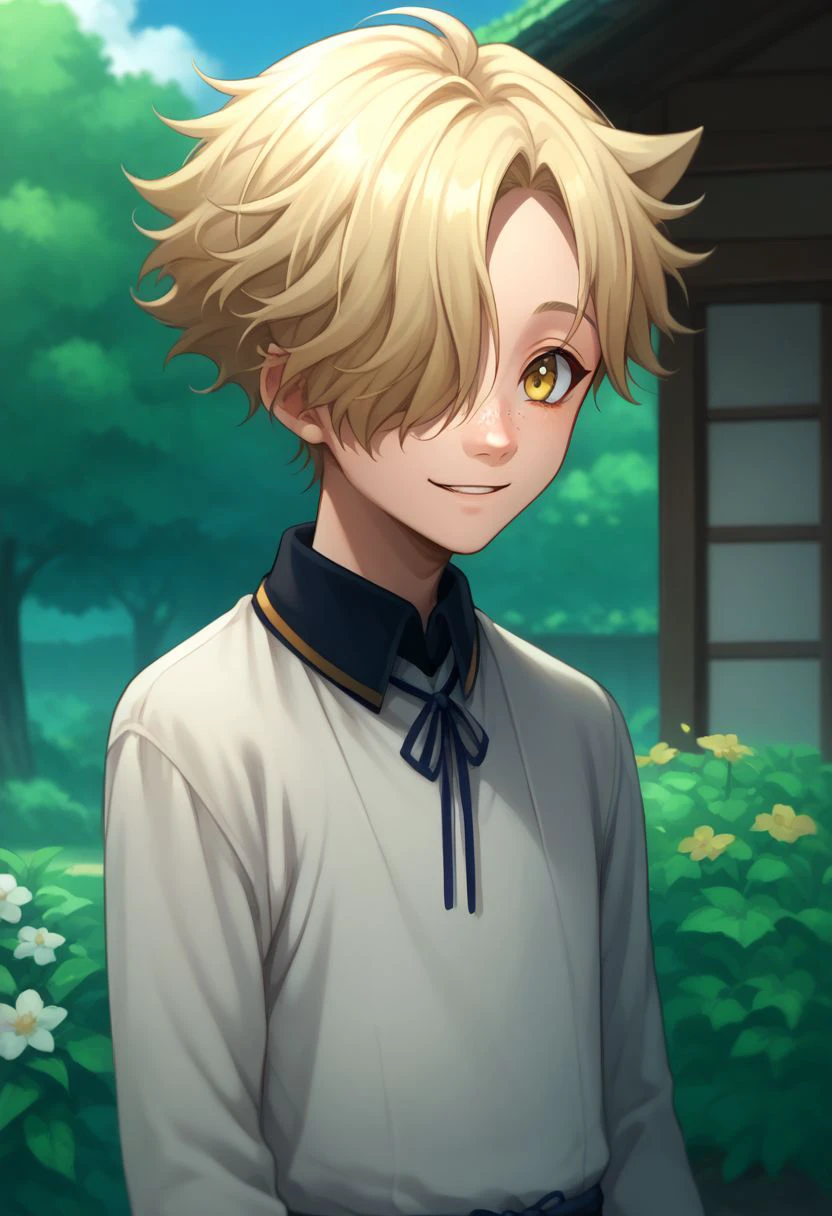 score_9, score_8_up, score_7_up, source_anime, highly detailed, 
gokotai, 1boy, male focus, solo, hair over one eye, freckles, yellow eyes, blonde hair,
upper body, smile, cute, pale,
outdoor, garden japanese,