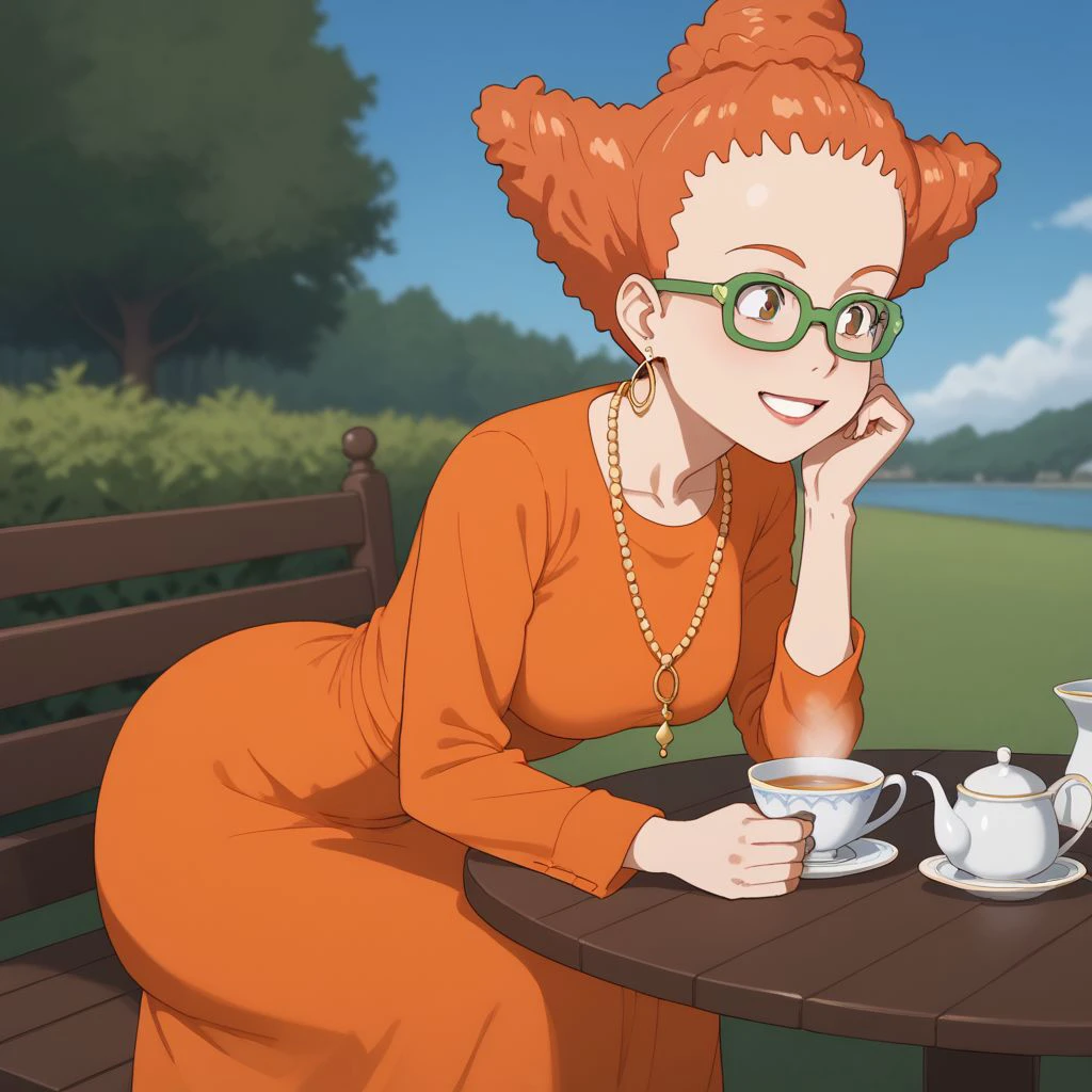 score_9, score_8, score_9, BREAK,, solo, didi, orange hair, glasses, necklace, dress, sitting, outdoors, tea