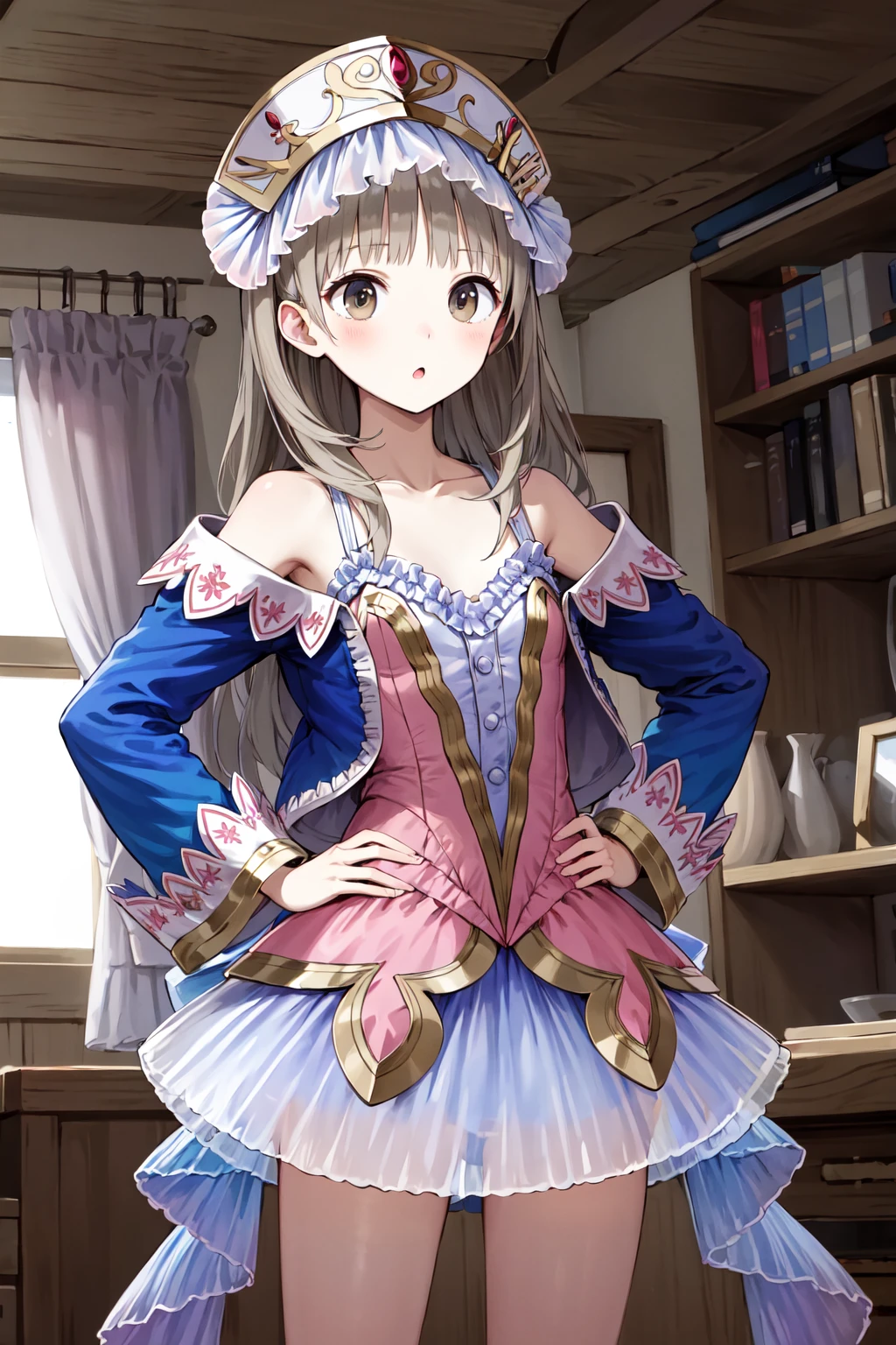 masterpiece, best quality, highres, aatotooria, long hair, hat, headdress, brown eyes, collarbone, bare shoulders, frills, pink dress, blue jacket, open jacket, skirt, <lora:totooria_helmold_v1:0.7>, :o, hands on hips, indoors,