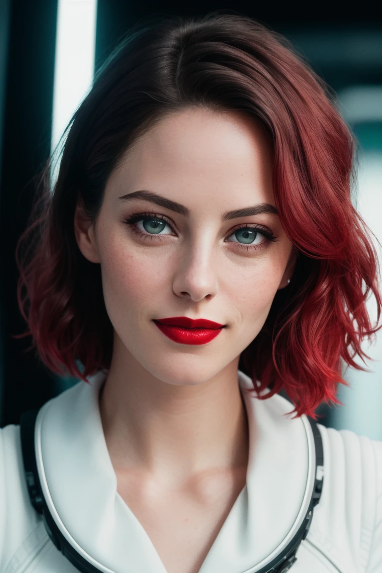kayascod:0.99, ((red lipstick, blush)), ((detailed eyes, beautiful eyes, detailed face, beautiful face):1.2), cowboy shot, waist, hips, thighs, ,photo of a woman, RAW, ((detailed scifi spacesuit, outer space, scifi details)), ((short hair, dark red hair)), , 8k uhd, dslr, soft lighting, high quality, film grain, Fujifilm XT3 sharp focus, f 5.6,((red lipstick, pale skin)) , smiling