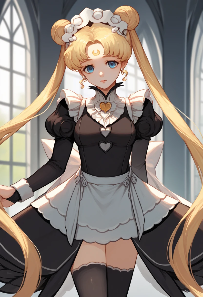 score_9, score_8_up, score_7_up, source_anime BREAK 1girl, solo, <lora:princessserenity-sm-richy-v1_pdxl:1> princessserenity, blue eyes, blonde hair, twintails, double bun, forehead mark, earrings, <lora:fatesmaid-fe-richy-v1_pdxl:0.8> fates maid, maid headdress, maid apron, black thighhighs