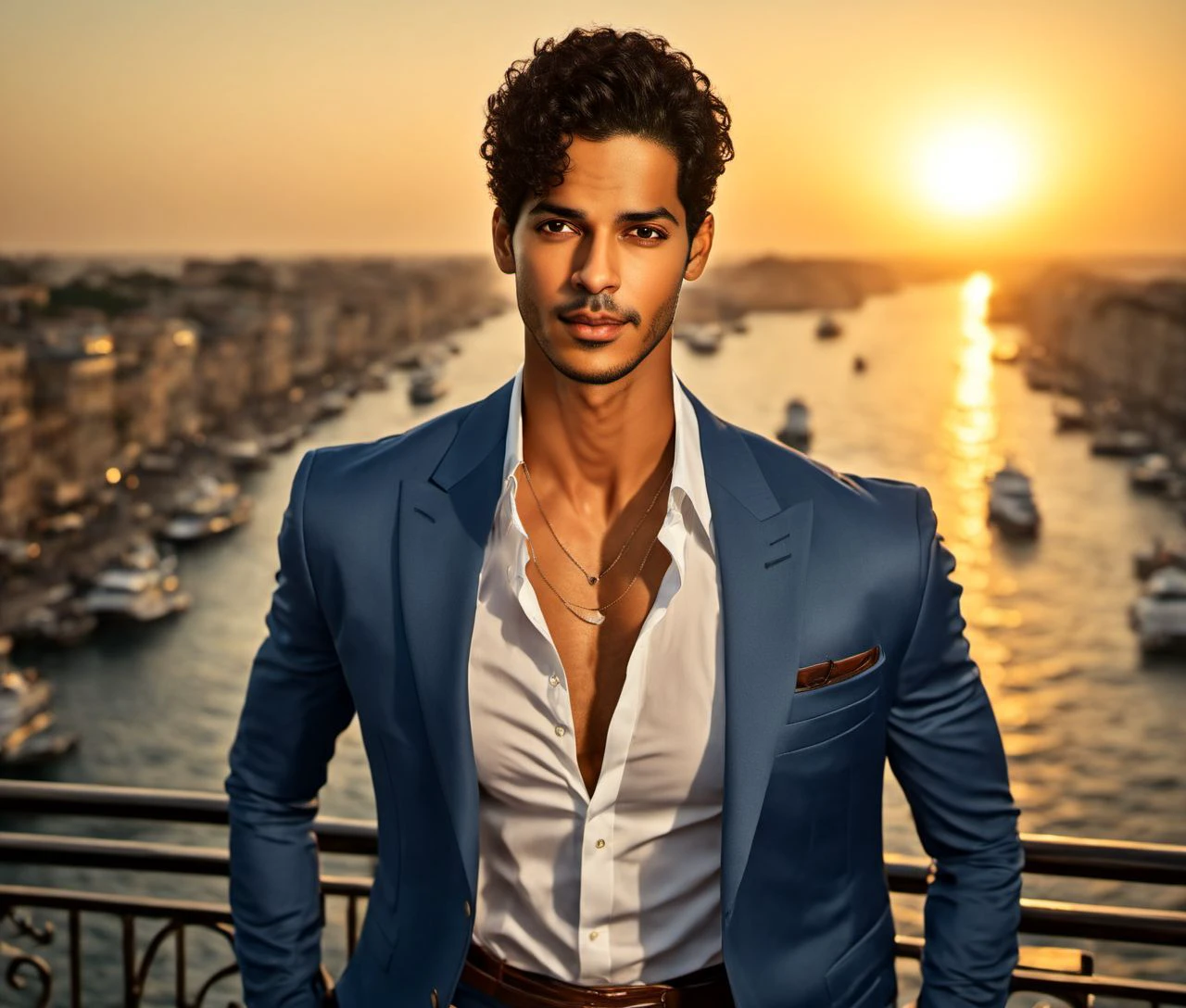 Nautical-themed (Photo:1.3) of (Ultrarealistic:1.3) <lora:Man_Men_FFashion:1> Ishaan Khatter a man <lora:Ishaan-Khatter:1> in a blue suit standing on a balcony, handsome man, attractive man, handsome male, sun behind him, inspired by Pablo Munoz Gomez, shot at golden hour, editorial photograph, midshot of a hunky, by Roman Bezpalkiv, by Artur Tarnowski, maxim sukharev, by Gabor Szikszai,Highly Detailed,(Mono Color:1.3) . Sea, ocean, ships, maritime, beach, marine life, highly detailed