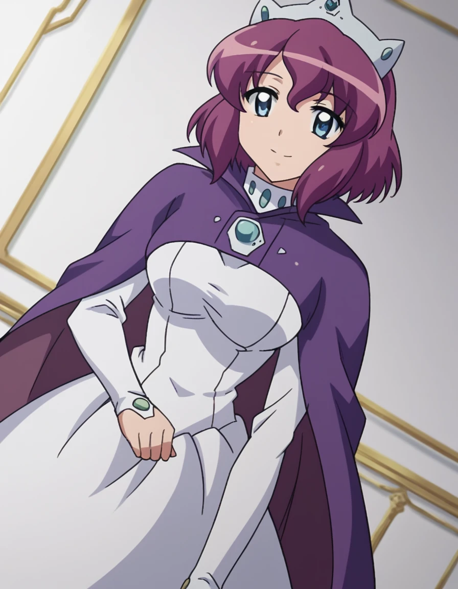 score_9, score_8_up, score_7_up, source_anime,
henriettadetristain, <lora:henrietta-de-tristain-s3-ponyxl-lora-nochekaiser:1>,
henrietta de tristain, short hair, blue eyes, purple hair,
long sleeves, hat, dress, cape, tiara, crown, purple cape, white dress, long sleeves,
indoors, bent over, smile,
looking at viewer, cowboy shot, solo, dutch angle