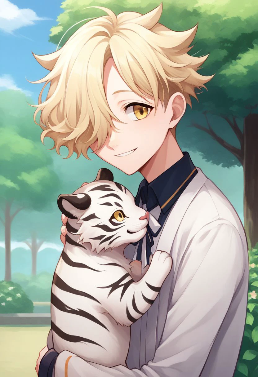 score_9, score_8_up, score_7_up, source_anime, highly detailed, 
gokotai, 1boy, male focus, white tiger, hair over one eye, yellow eyes, tiger, blonde hair, anime coloring, solo, upper body, tree, cute, pale, hug animal, smile,
outdoor, garden japanese,