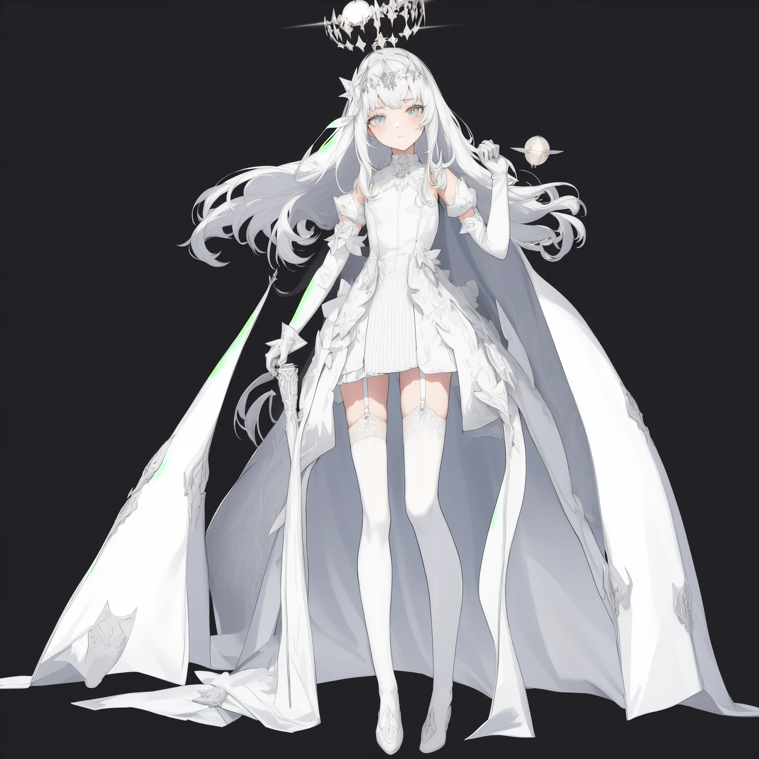 <lora:xihuanfengge:1>,
1girl,solo,gloves,grey background,thighhighs,full body,elbow gloves,simple background,white gloves,dress,floating object,long hair,cape,standing,white thighhighs,white dress,white footwear,halo,jewelry,garter straps,white hair,puffy sleeves,closed mouth,pelvic curtain,maiden,_girl,, masterpiece, best quality,