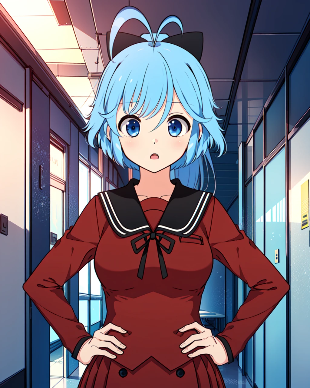 masterpiece, high quality, 1girl, mgrcutsuhonatsuki, upper body, medium shot, looking at viewer, blue hair, blue eyes, ahoge, black bow hairpin, red with black shirt, long sleeves, red buttoned skirt, black bowtie, indoors, corridor, day, hands on hips, surprised, <lora:mgrcutsuhonatsuki:0.8>