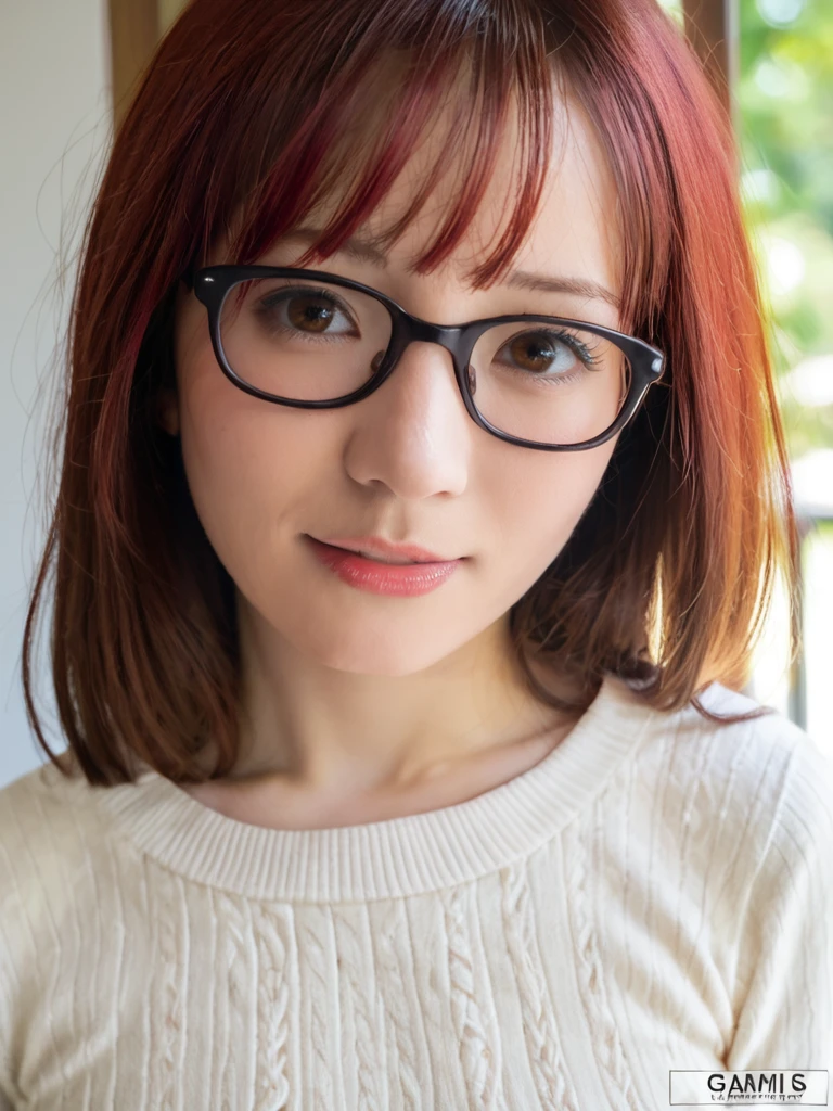 uncensored, 1lady,solo, source_real, <lora:Ohana:0.8>ohana,busty,upper body, close up,22y.o,milf face,sweater,red hair, cosplay,glasses,