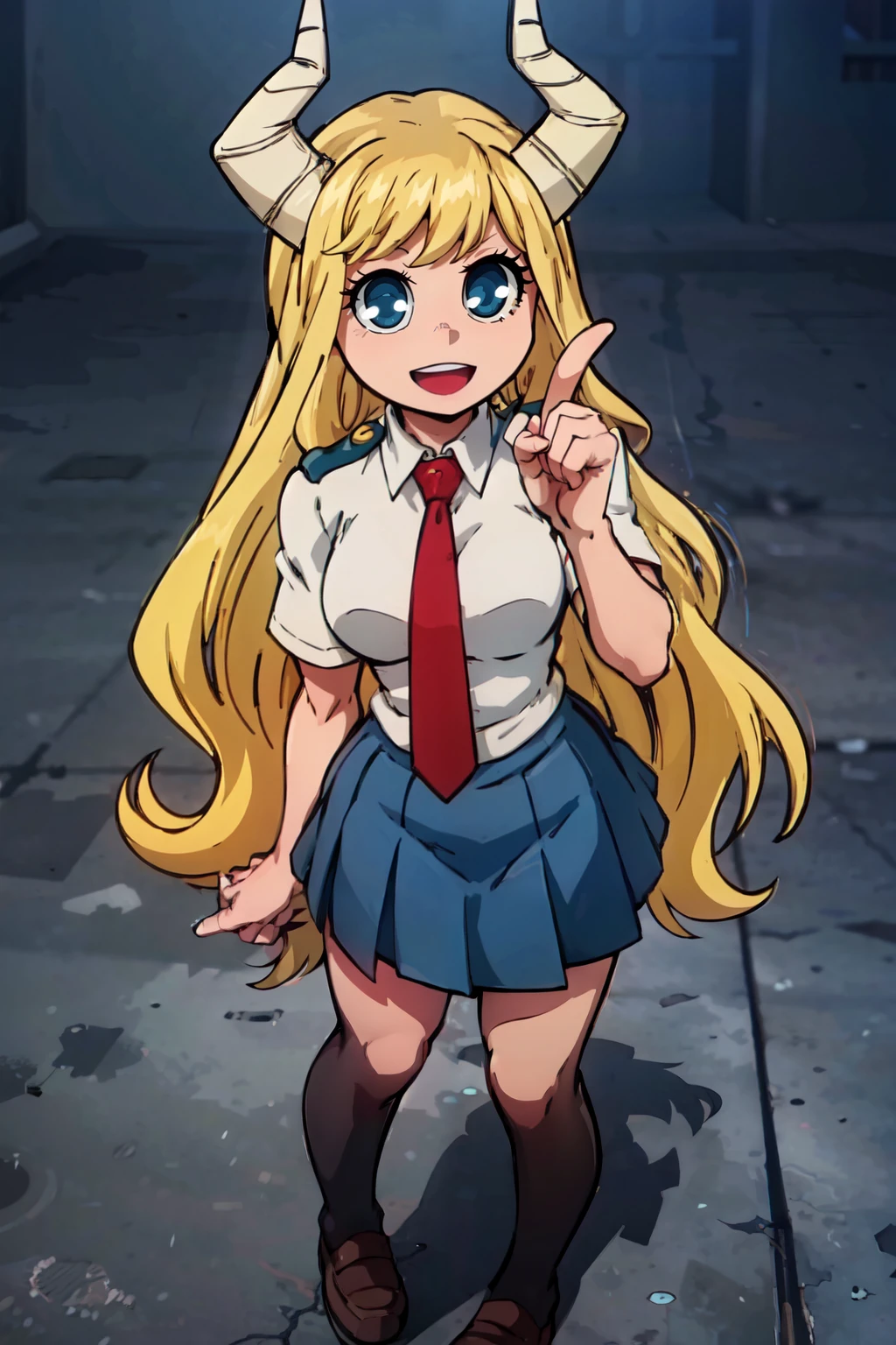 ((masterpiece,best quality)), absurdres, <lora:Tsunotori_Pony:0.8>,  zzTsunotori, blonde hair, long hair, blue eyes, u.a. school uniform, shirt, short sleeves, red necktie, blue skirt,   looking at viewer, smile, open mouth, simple background, shirt, white background, very long hair, standing, full body, :d,  index finger raised