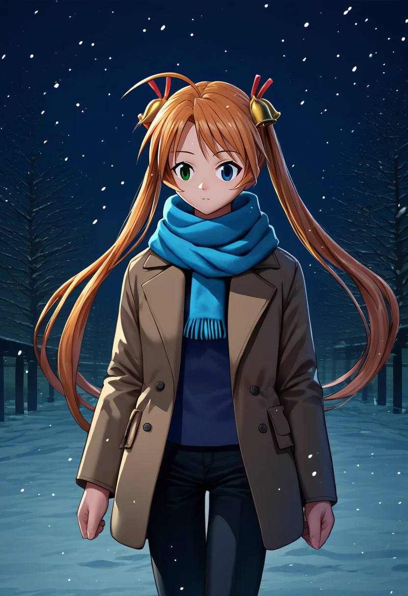 score_9, score_8_up, score_7_up, source_anime, cowboy shot, solo, 1girl, kagurazaka asuna, expressionless, looking away, walking, ahoge, twintails, hair bell, heterochromia, green eyes, blue eyes, winter clothes, brown coat, black pants, scarf, snowing, outdoors <lora:mahousensei_kagurazaka_ponyXL:1>