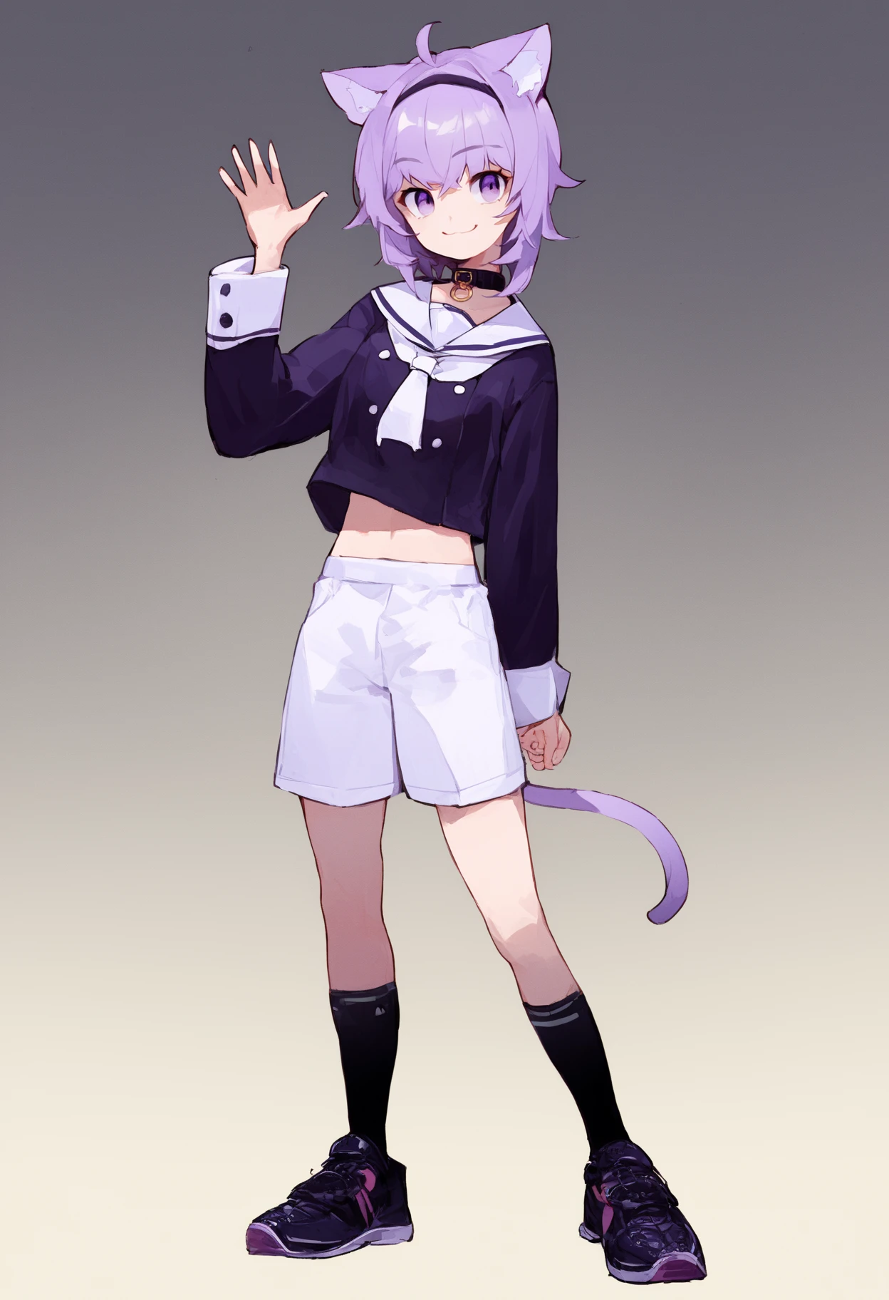 source_anime, score_9, score_8_up, score_7_up,
1girl, solo, gradient background, full body, standing, smile, waving, 
<lora:nekomata_okayu_pony_v01a05e06:1>
okayuCasual, short hair, purple eyes, purple hair, cat ears, cat tail, ahoge, 
black hairband, midriff, sneakers, black black footwear, black socks, kneehighs, white shorts, white sailor collar, animal collar, black collar, long sleeves, black shirt, sailor shirt, white neckerchief