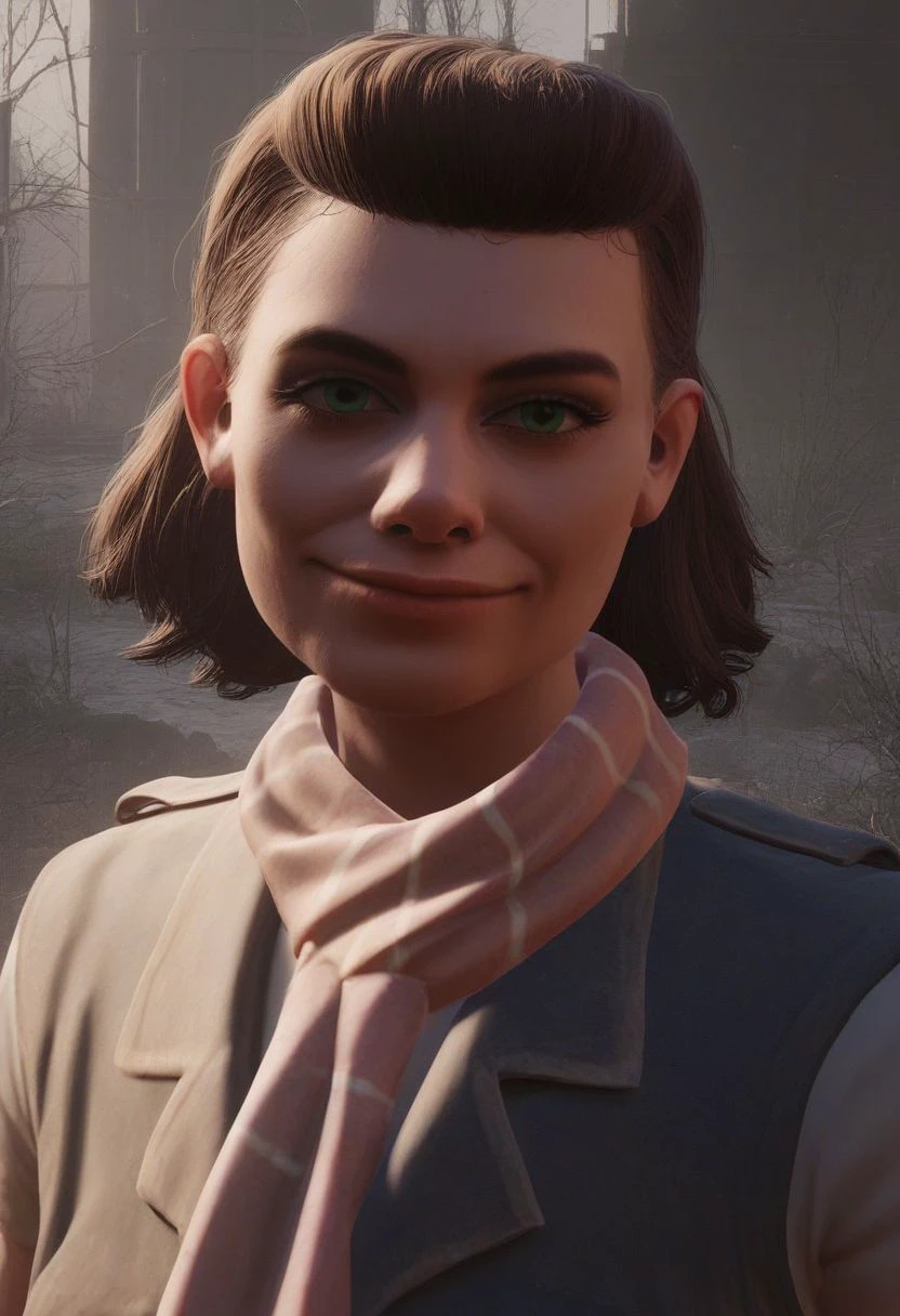 score_9_up, score_8_up, score_7_up, score_6_up, 1 girl, solo, katherine_swan, vest, scarf, green eyes, standing in a post-apocalyptic wasteland, sweet smile, close up portrait, (realistic), (painted art:1.4)