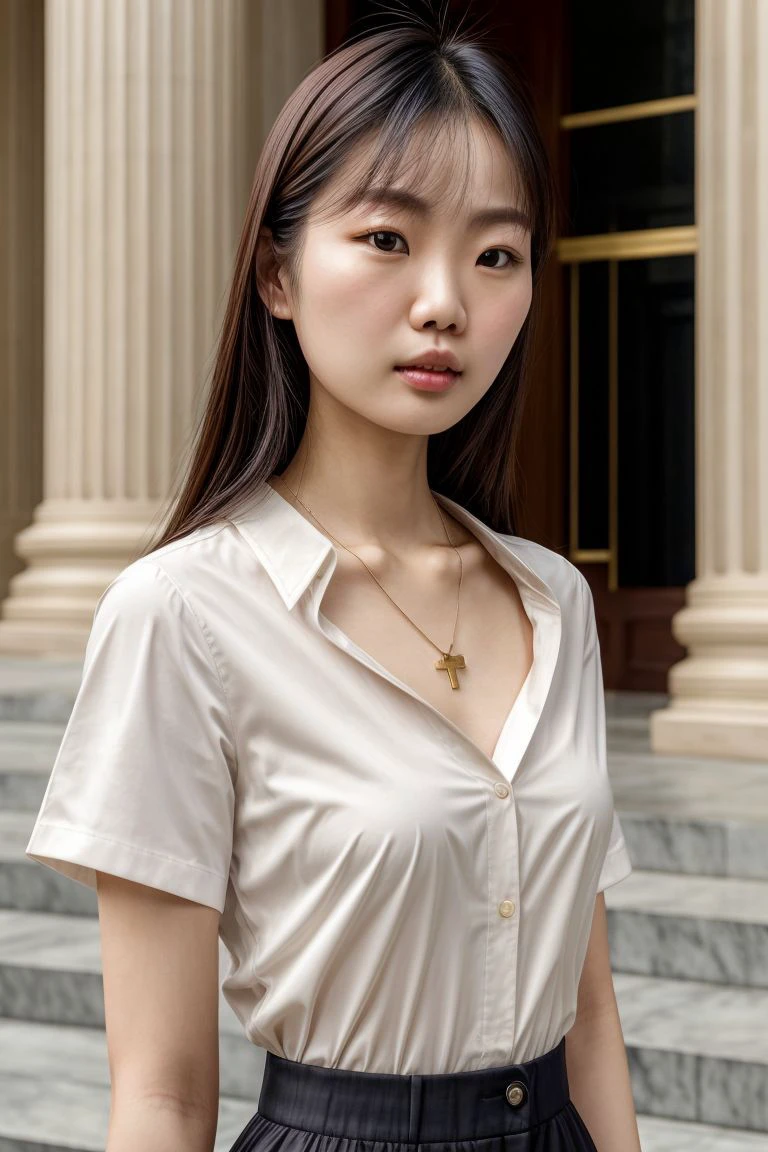 Asian woman, closeup, (shirt), pants, (kitchen), cross necklace , KM_sakura , wide shoulders, perfect face, (contact iris: 1.1), pale skin, skin pores , depth of field