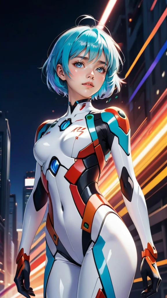 1girl, ayanami rei, neon genesis evangelion, rebuild of evangelion, plugsuit, pilot suit, white bodysuit, looking at viewer, head tilted, light blue bobbed hair, hair blowing in the wind, (colorful flare abstract background:1.3), (intricate details), (dynamic angle), masterpiece, best quality, very aesthetic, absurdres, 4n1v3rs3,