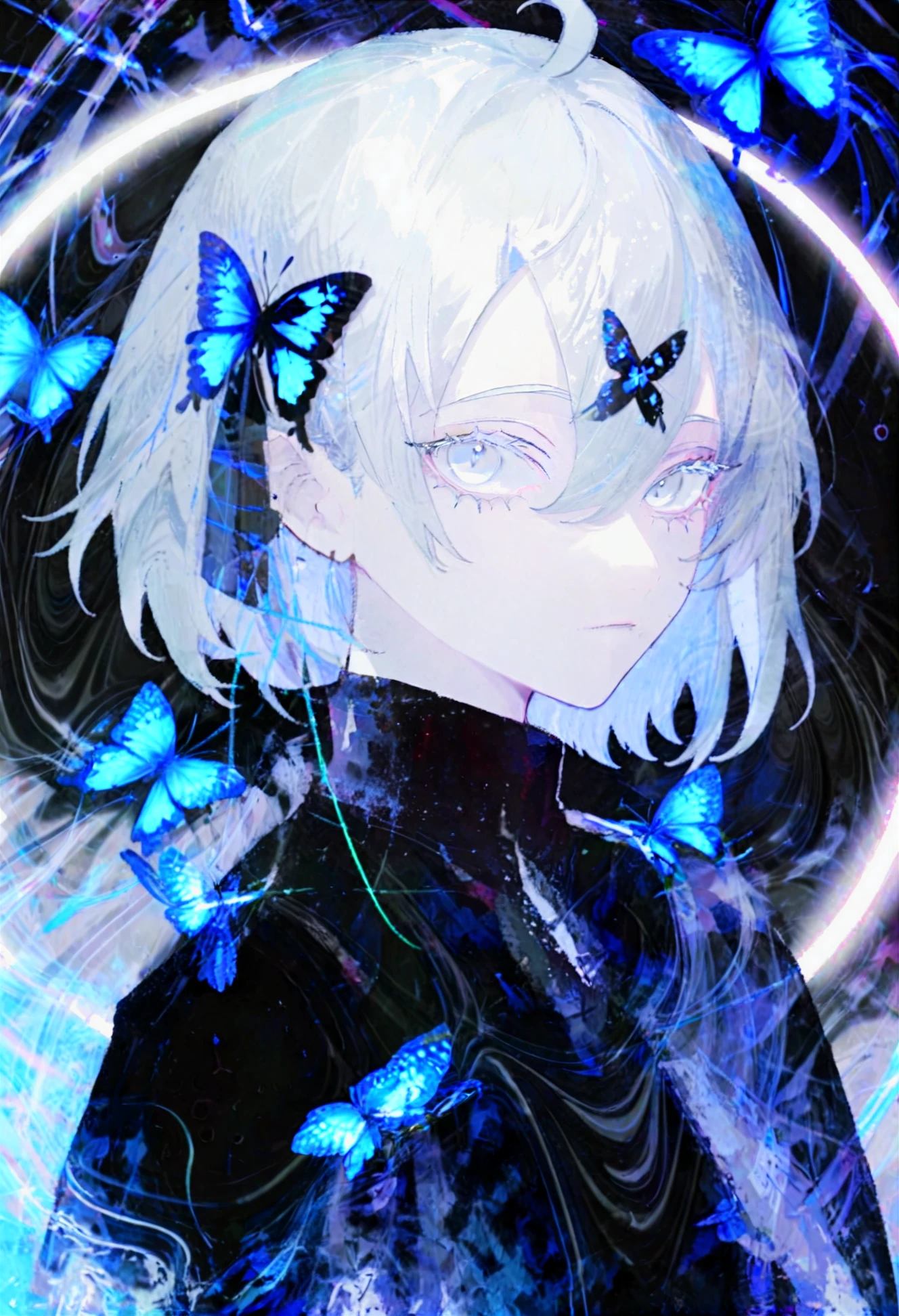 1girl,
solo, portrait, looking at viewer, bug, hair between eyes, grey eyes, butterfly, expressionless, closed mouth, grey hair, hair ornament, short hair, collared jacket, cloak, twitter username, three quarter view, jacket, black jacket, high collar, chromatic aberration, bug grip, empty eyes, short bangs, black cloak, standing, x hair ornament, eyelashes, swept bangs, blue butterfly, androgynous, ahoge,
masterpiece, best quality
<lora:honoXLlokr4f-000174:0.95>