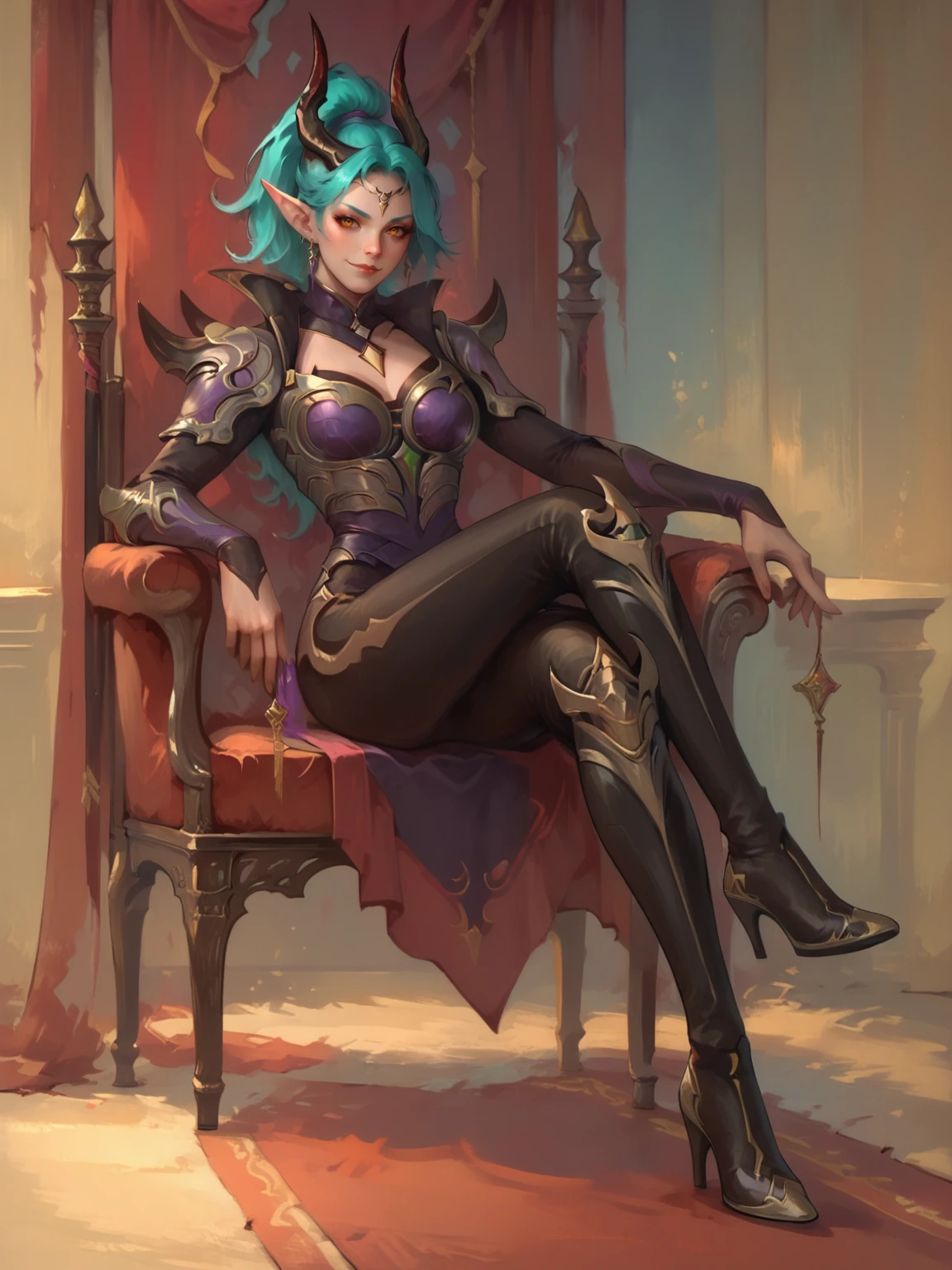 score_9, score_8_up, score_7_up, BREAK, Karina, 1girl, solo, turquoise ponytail hair, long ears, diadem with horns, golden eyes, armored shoulder pads, purple breastplate, black gloves, black pants, black boots, sitting in a luxurious armchair, smirk, arrogance look, crossed legs, wodeipoi <lora:Karina:1>   <lora:wodeipoi:1>