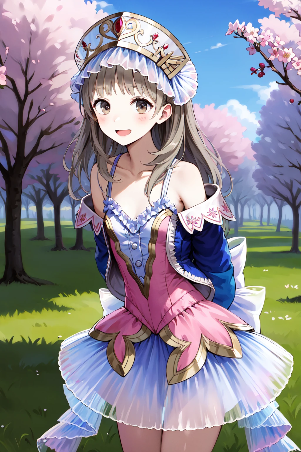 masterpiece, best quality, highres, aatotooria, long hair, hat, headdress, brown eyes, collarbone, bare shoulders, frills, pink dress, blue jacket, open jacket, skirt, <lora:totooria_helmold_v1:0.7>, open mouth, (arms behind back:1.2), standing, leaning forward, cowboy shot, cherry blossoms, outdoors, smile, bent over,