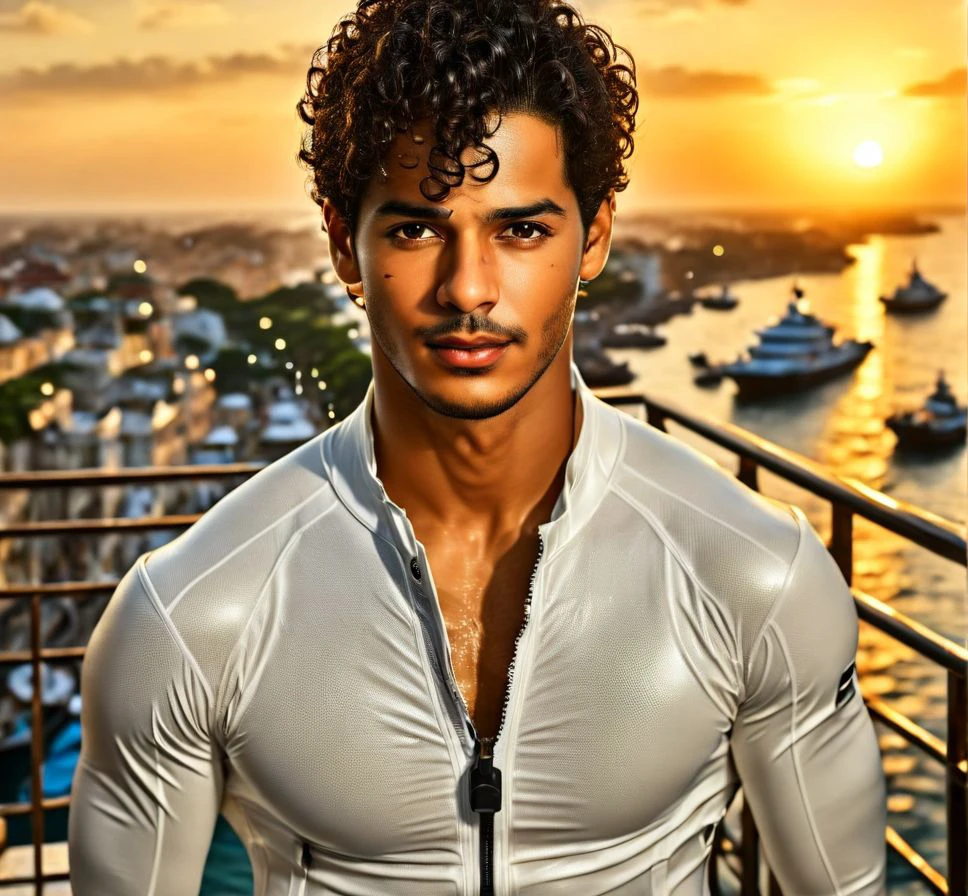 Nautical-themed (Photo:1.3) of (Ultrarealistic:1.3) <lora:Man_Men_FFashion:1> Ishaan Khatter a man <lora:Ishaan-Khatter:000001:1>, in a white wet suit standing on a balcony, handsome man, attractive man, handsome male, sun behind him, inspired by Pablo Munoz Gomez, shot at golden hour, editorial photograph, midshot of a hunky, by Roman Bezpalkiv, by Artur Tarnowski, maxim sukharev, by Gabor Szikszai,Highly Detailed,(Mono Color:1.3) . Sea, ocean, ships, maritime, beach, marine life, highly detailed