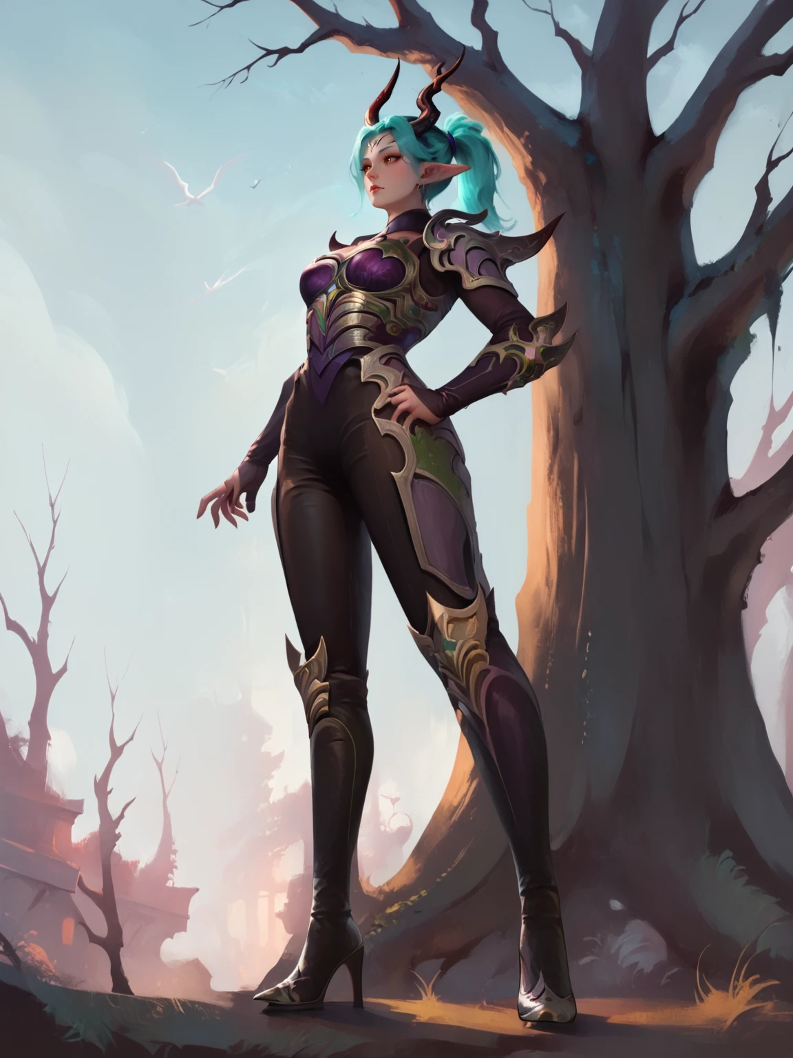 score_9, score_8_up, score_7_up, BREAK, Karina, 1girl, solo, turquoise ponytail hair, long ears, diadem with horns, golden eyes, armored shoulder pads, purple breastplate, black gloves, black pants, black boots, sittin on tree, from below view, night forest background, wodeipoi <lora:Karina:1>  <lora:wodeipoi:1>