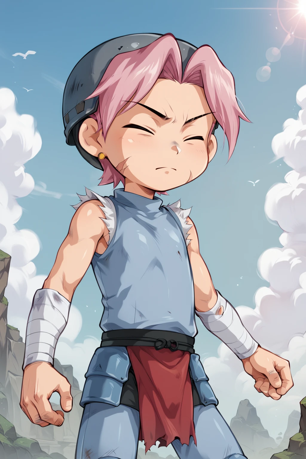 score_9, score_8_up, score_7_up, score_6_up, score_5_up, score_4_up, source_anime, 1boy, cowboy shot, kid, solo, Dodo, scar on cheek, dyed bangs, grey helmet, pink hair, closed eyes, golden earings, sky blue armor, sleeveless, torn sleeves, bandaged arms, (red pelvic curtain:1.1), <lora:Dodopony:0.8>, <lora:Concept Art Eclipse Style LoRA_Pony XL v6:0.6>