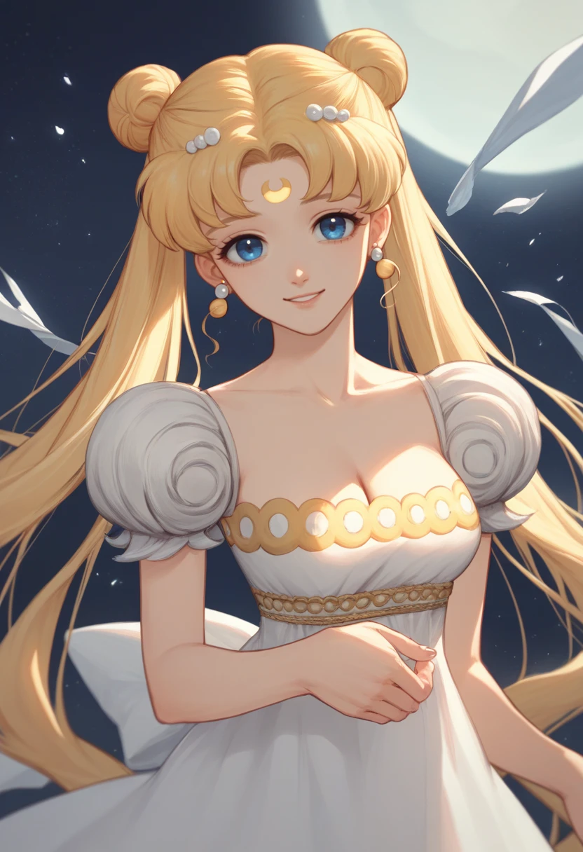 score_9, score_8_up, score_7_up, source_anime BREAK 1girl, solo, <lora:princessserenity-sm-richy-v1_pdxl:1>princessserenity, blue eyes, blonde hair, hair ornament, forehead mark, earrings, white dress, cleavage, puffy short sleeves, smile, looking at viewer,