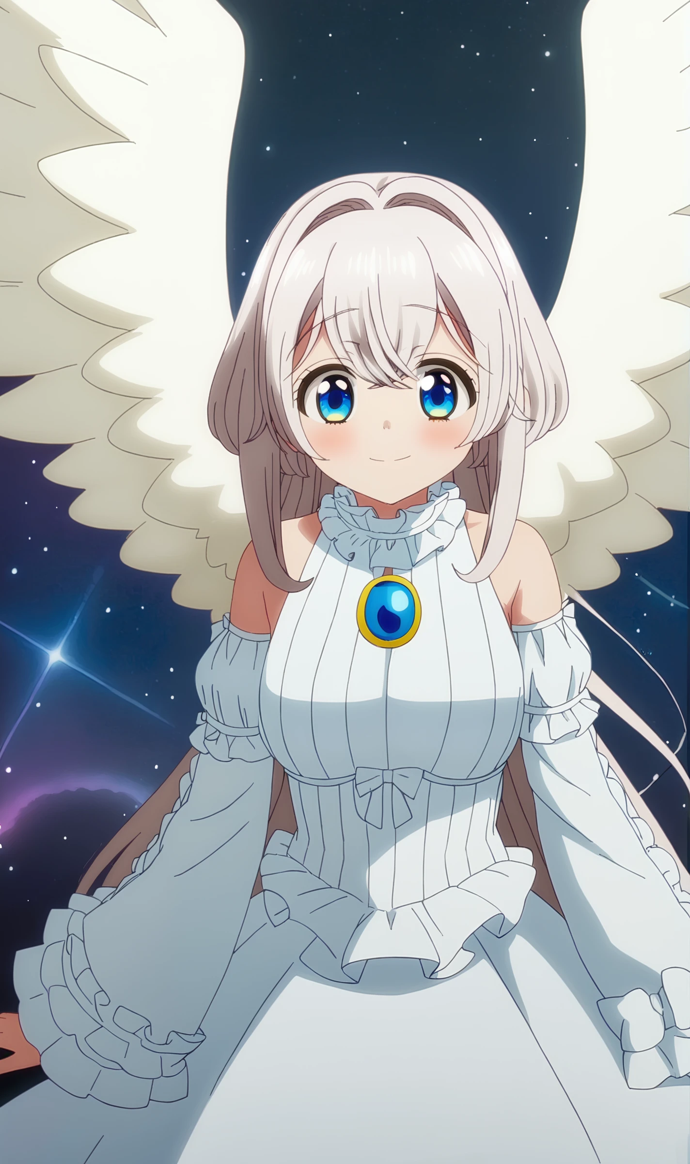 Towa, 1girl, solo, white hair, very longhair, white dress, white detached sleeves, looking at viewer, smile, blush, large feathered wings, black background, stars, anime coloring, <lora:Towa Pony XL:1>