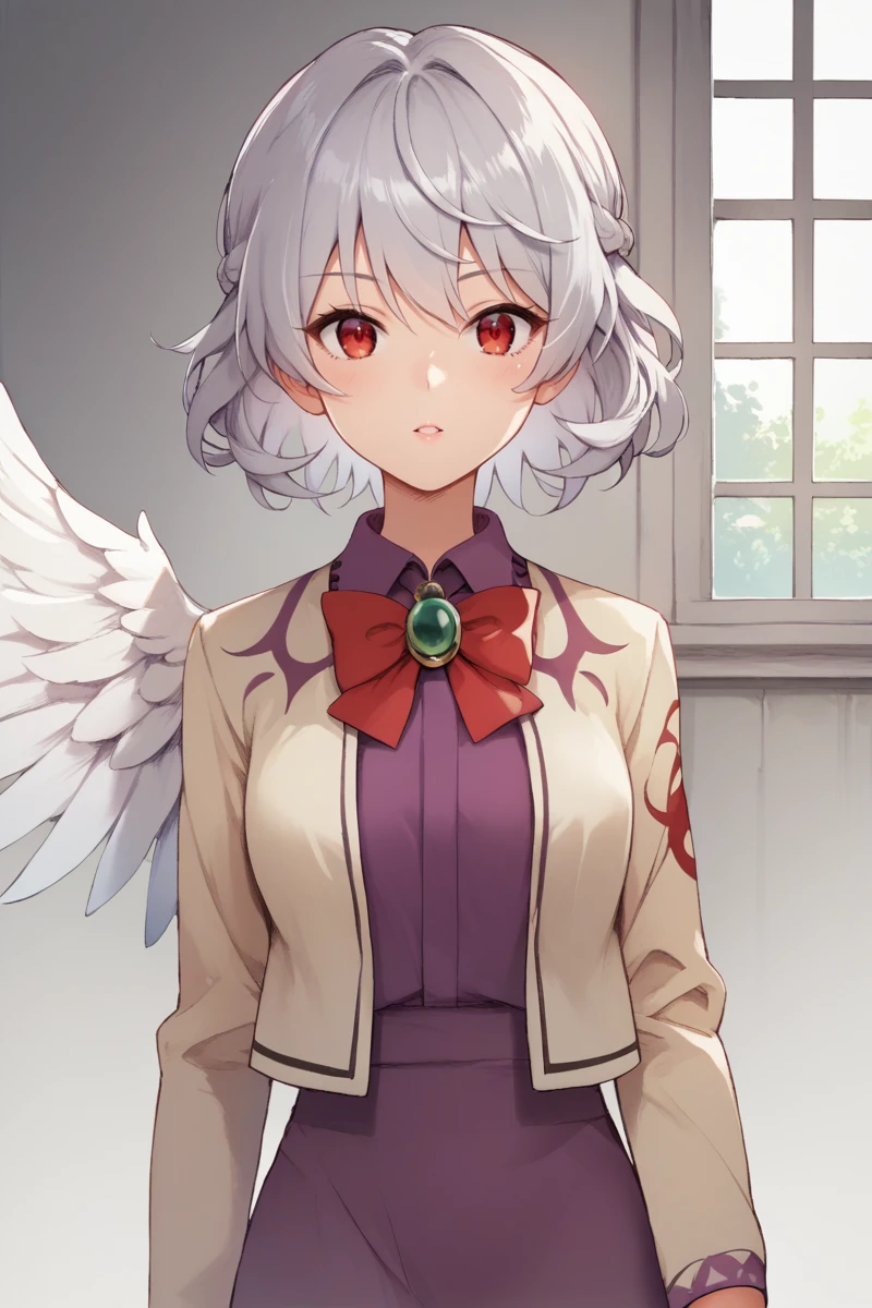 score_9, score_8_up, score_8, score_9, 1 girl,  source_anime, kishin sagume, (single wing), wings, white wings, red eyes, grey hair, purple shirt, purple dress, brooch, [green brooch], jacket, bowtie, red bowtie, red ribbon, long sleeves, <lora:sagume_pony-10:1>,  <lora:ShinbonPony:0.8>