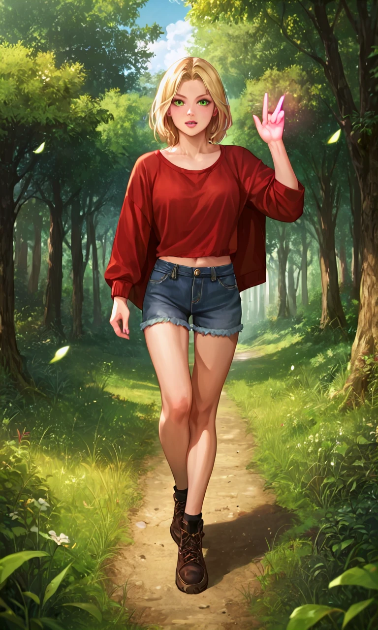 score_9, score_8_up, score_7_up, source_anime, BREAK, detailed, 1girl, blonde hair, medium hair, green eyes, red jacked, hornGesture, \n/, outdoors, forest, lush, score_9, score_8_up, score_7_up, source_anime, BREAK, detailed, 1girl, blonde hair, medium hair, green eyes, red jacked, hornGesture, \n/, outdoors, forest, lush, magic, highly coherent, background, dramatic light, beautiful, breathtaking, brave, cinematic, stunning