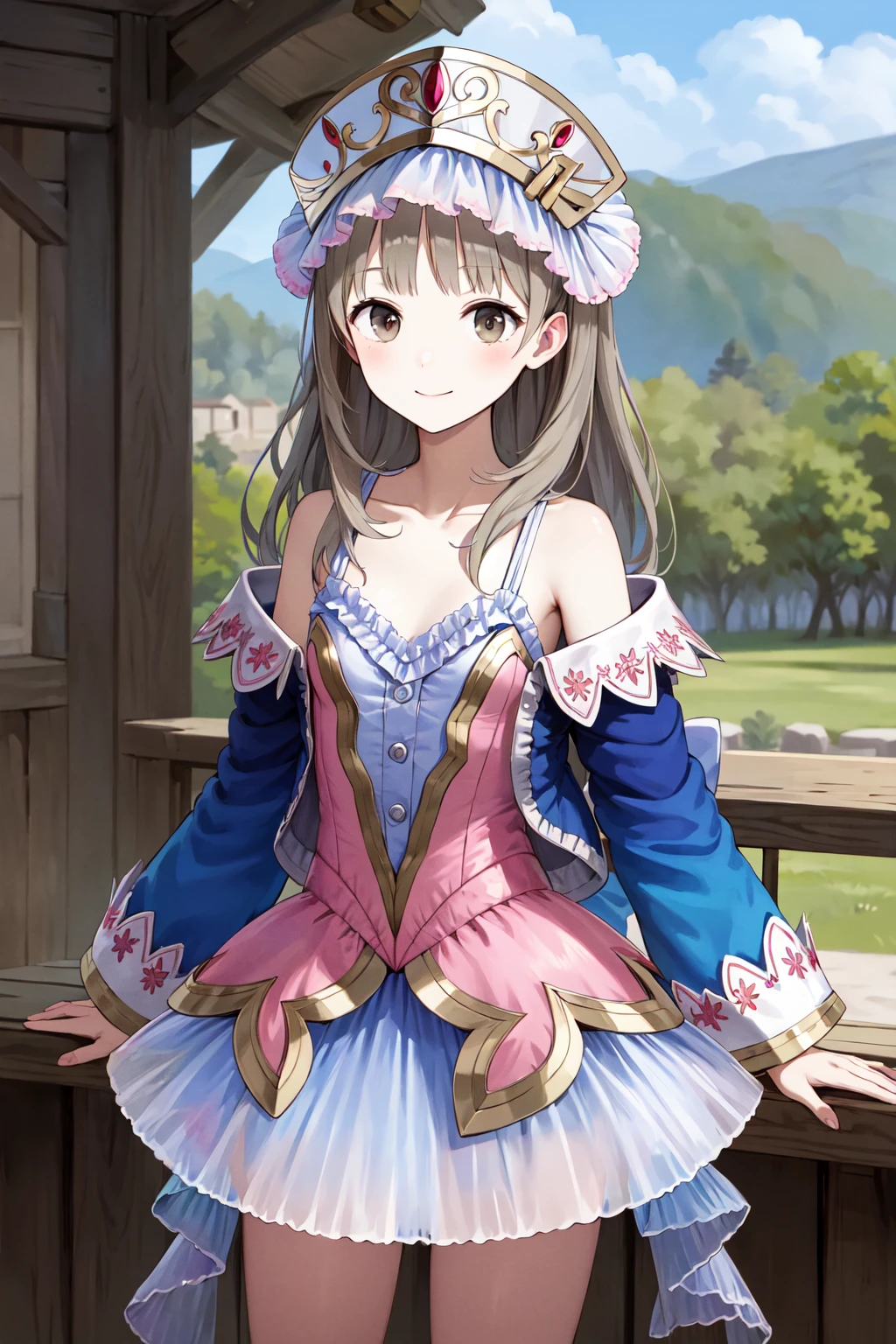 masterpiece, best quality, highres, aatotooria, long hair, hat, headdress, brown eyes, collarbone, bare shoulders, frills, pink dress, blue jacket, open jacket, skirt, <lora:totooria_helmold_v1:0.7>, standing, cowboy shot, outdoors, smile,