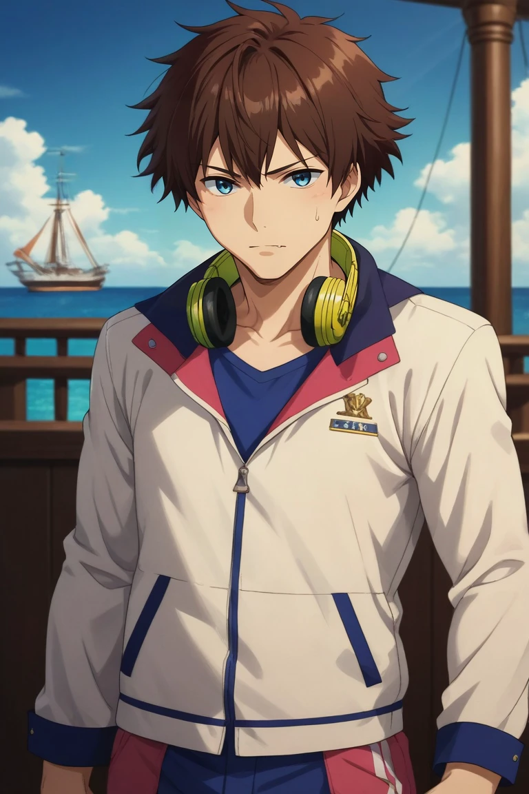 score_9, score_8_up, score_7_up, source_anime, rating_safe, intricate details, semi-realistic, looking at viewer, depth of field, 1boy, solo, male focus, <lora:nice_hamatora_pony:0.76>, nice_hamatora, brown hair, blue eyes, , headphones around neck, panorama, pirate ship, dawn, dynamic pose, skin fang, sweatpant,, <lora:sdxl_lightning_8step_lora:1>