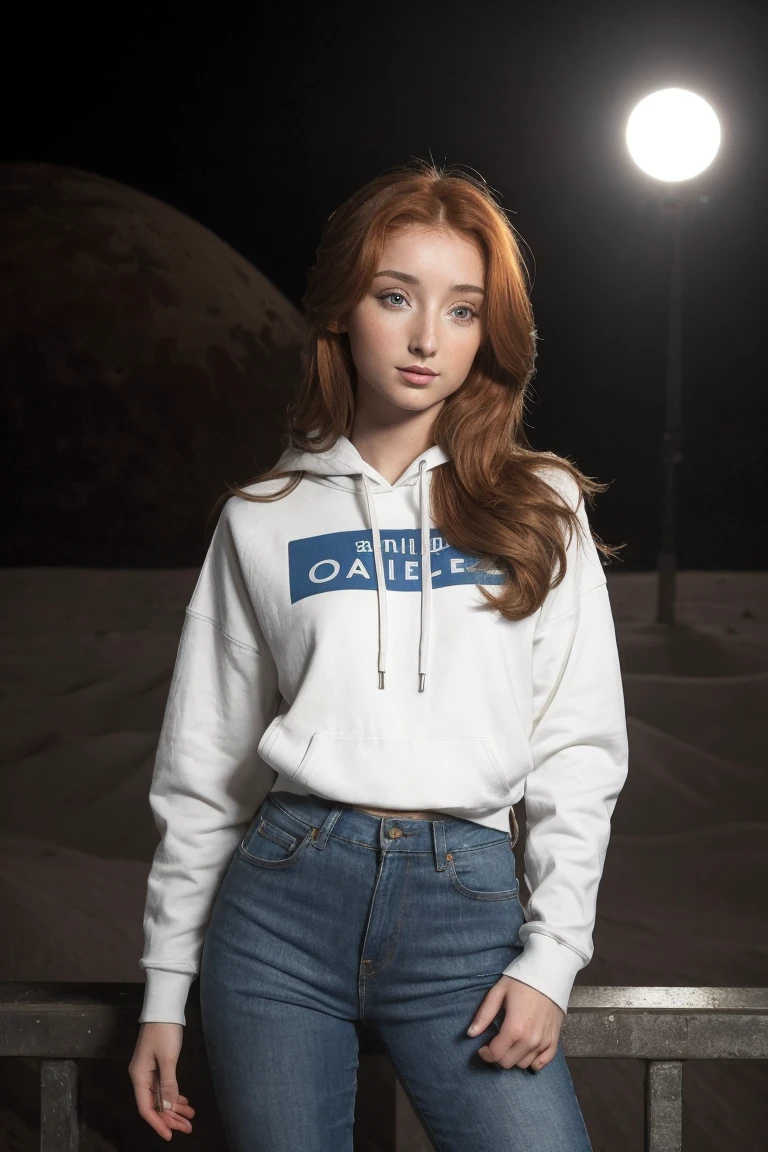 photo of R3dF0x_HM-135, a woman, perfect hair, (modern photo), wearing hoodie and jeans, 50mm short telephoto (analog, cinematic, film grain:1.3), Lunar Colony, Self-sustaining moon colony with domed structures, lunar rovers, spaceports, and Earthrise views., detailed eyes, professional pose, (epiCPhoto), (looking at viewer:1.1), (cinematic shot:1.3), (broad style lighting), OverallDetail