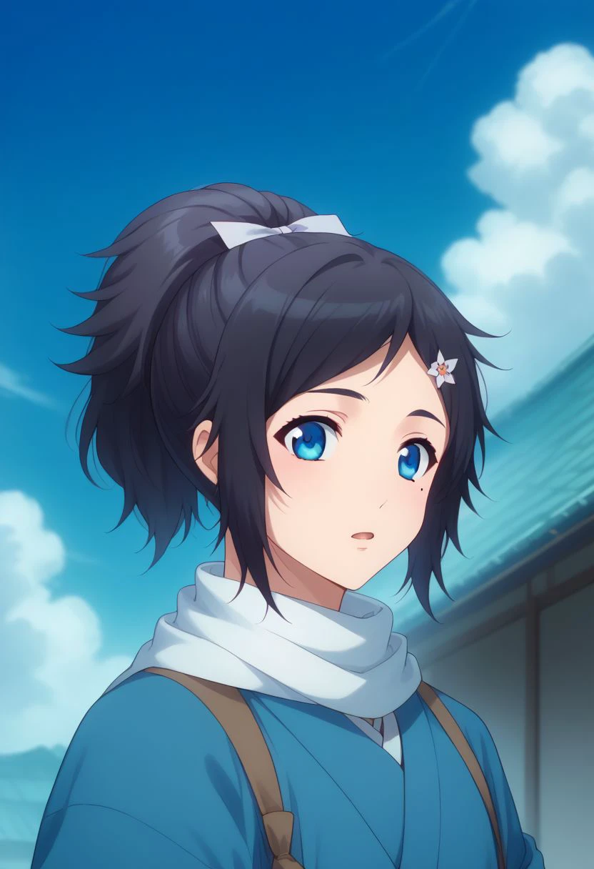 score_9, score_8_up, score_7_up, source_anime, highly detailed, 
yasusada,1boy, male focus, blue eyes, mole, mole under eye, solo, japanese clothes, scarf, hair ornament, sky, haori, black hair, cloud, day, hairclip, ponytail, open mouth,
upper body, blue sky,