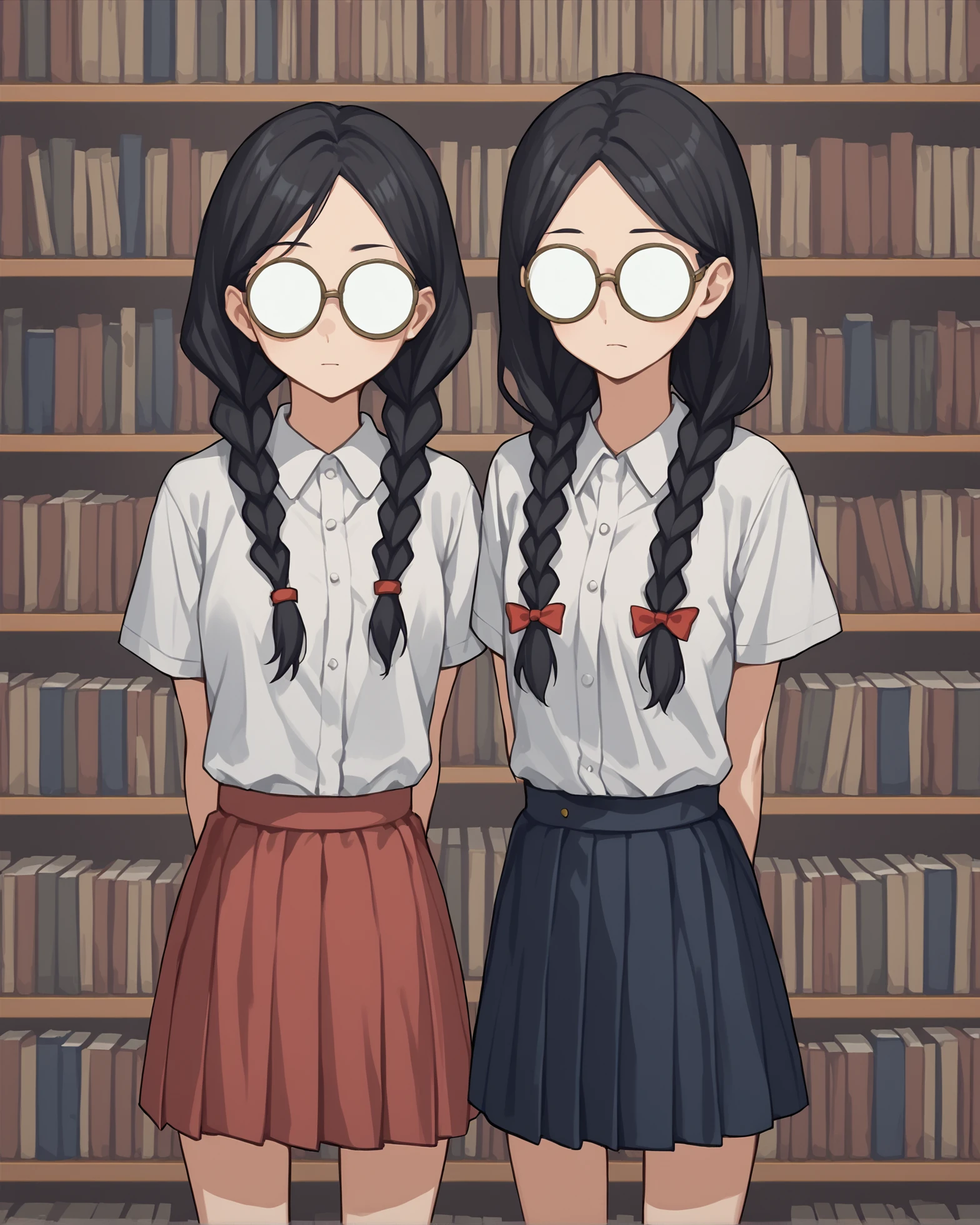 score_9, score_8_up, score_7_up, source_anime BREAK 2girls, twin braids, black hair, nerds, opaque glasses standing, cowboy shot, library, books, hands behind back, parted bangs, long hair, skirt, thinghighs, <lora:Opaque_glasses_r1:1>, rating_questionable