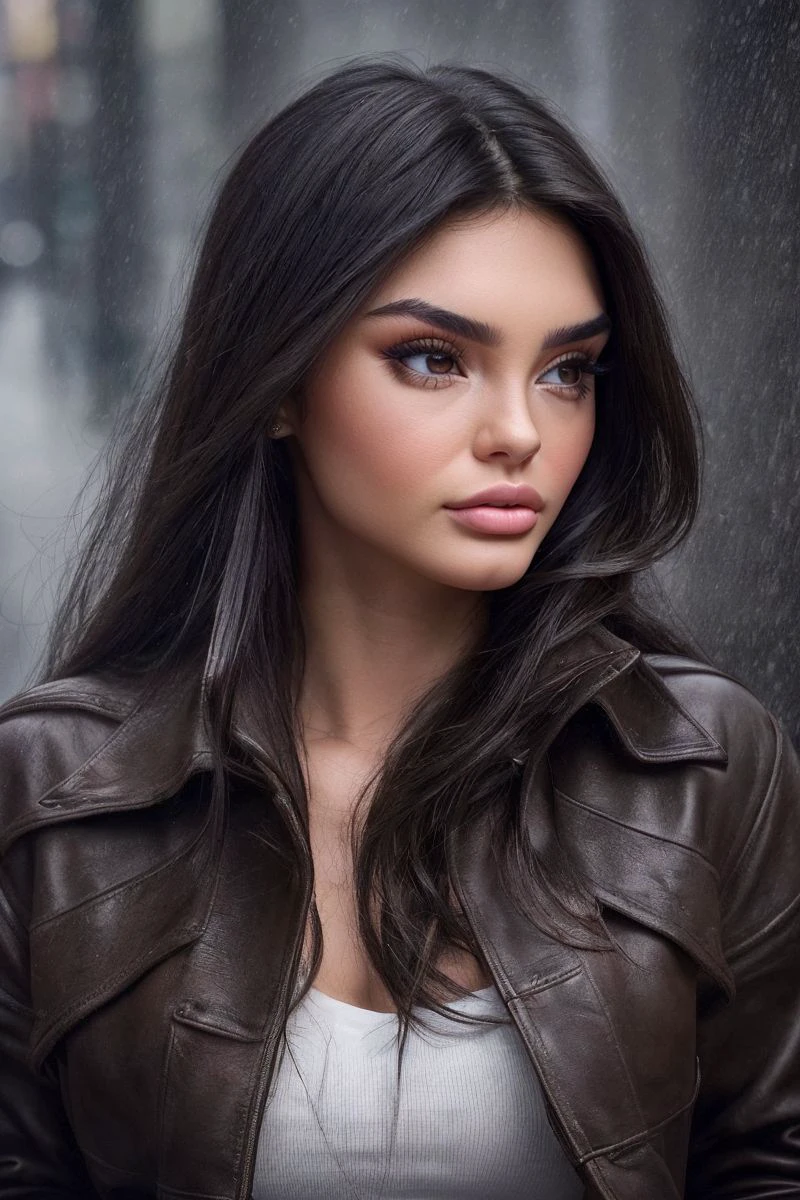 photo of S448_EvonWahab,a stunning woman,in a (misty-city:1.1),wearing a (leather-coat),(4k, RAW photo, best quality, 50mm, depth of field, ultra high res:1.1),(intricate, photorealistic, cinematic-shot, masterpiece, ultra-detailed:1.1),