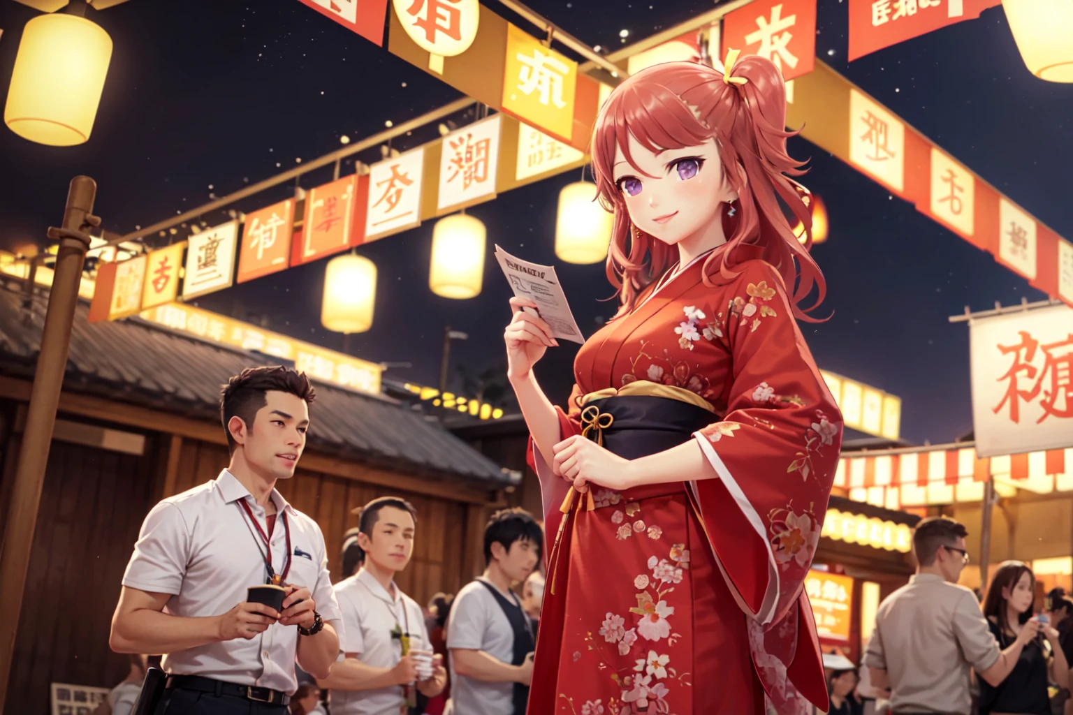 standing, japaneese festival, lanterns, night, stars, street, outdoors, people around, traditional attire, red clothes, smile, distributes leaflets, red dress, masterpiece, higres, best quality, Ashiya, 1girl, hair ribbon, <lora:AshiyaV10_lora:0.8>