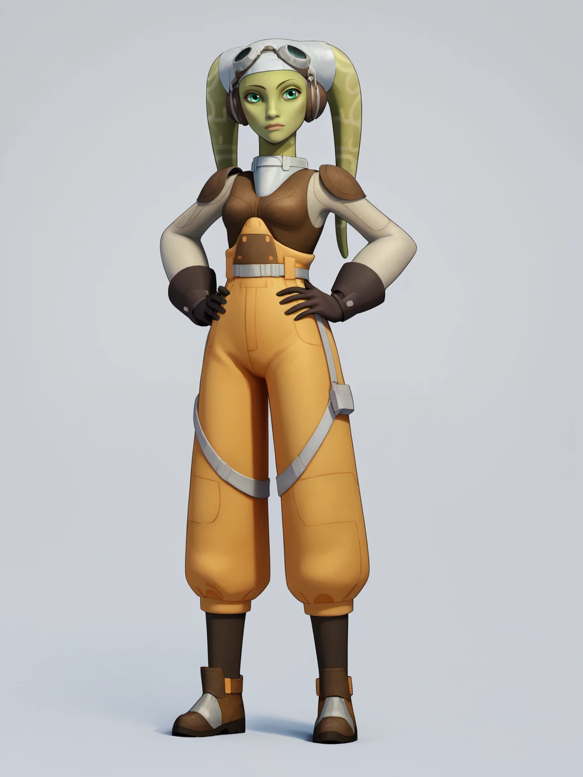 1 girl, solo girl, ((best quality)), ((masterpiece)), (detailed), full body, action pose, green skin, pointy ears, shaved head, monk goblin girl wearing white robes, in temple courtyard, karate stance, dynamic pose, determined, dangerous, looking off camera, calm expression, stern, one leg raised high