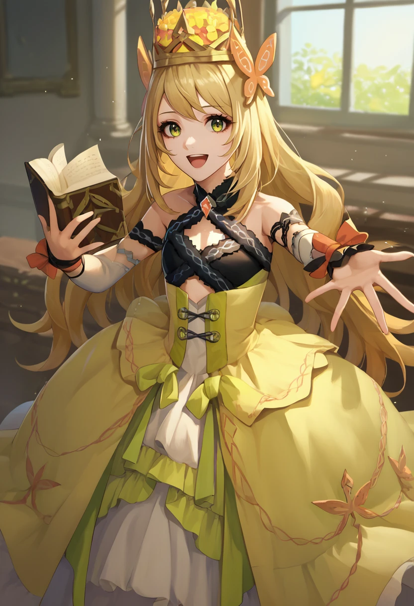 score_9, score_8_up, score_7_up, source_anime, solo, 1girl, feceline, happy, open mouth, looking at viewer, holding book, outstretched arm, butterfly hair ornament, crown, yellow dress, cross-laced dress, detached sleeves, wrist bow, bare shoulders, indoors <lora:fireemblem_celine_ponyXL:1>