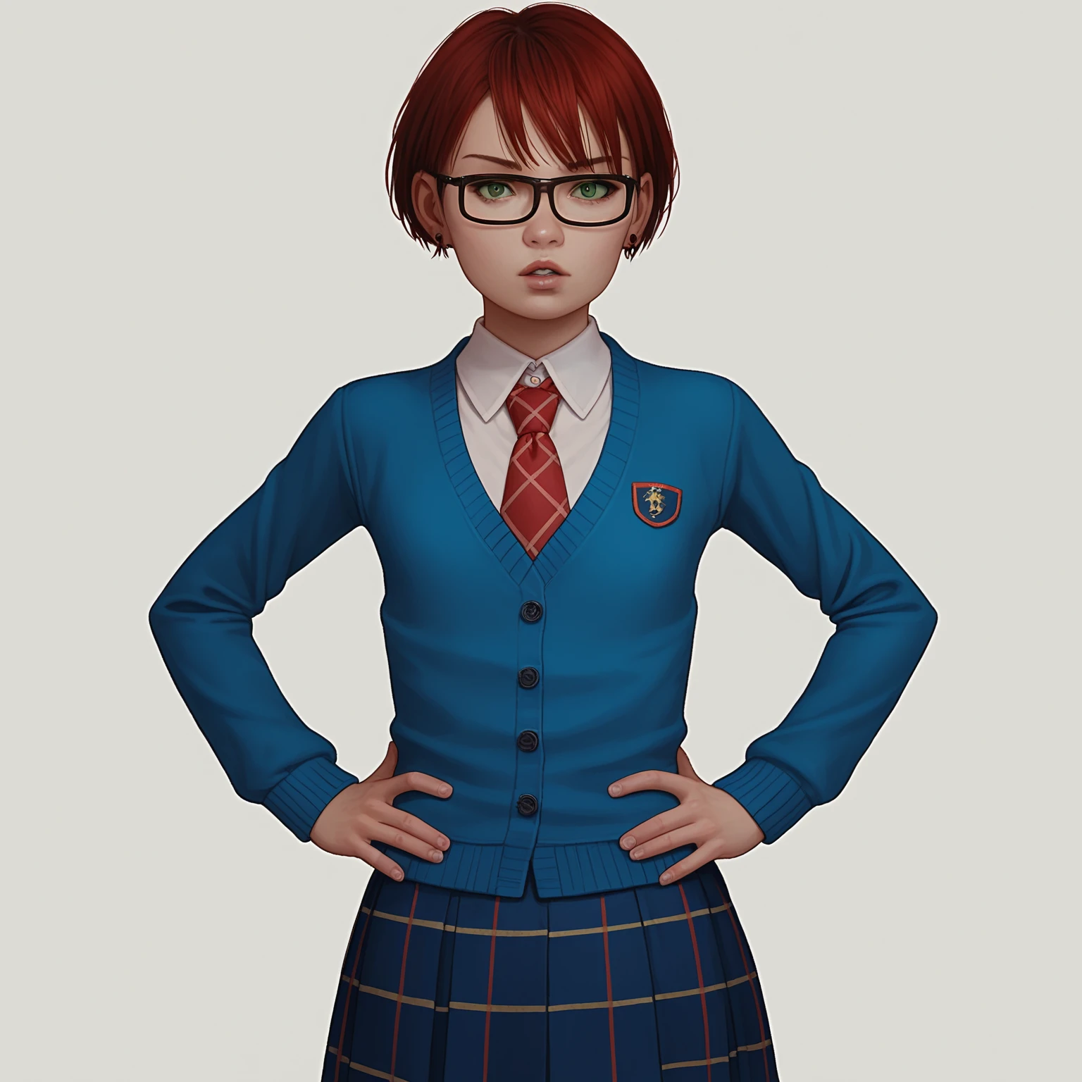 score_9, score_8_up, score_7_up, <lora:Carrie - Chloe18-000006:1>, Carrie18, 1girl, solo, short hair, red hair, glasses, green eyes, earrings,  necktie, school uniform, blue cardigan, blue skirt, plaid, cowboy shot, white background, simple background, pursed lips, looking at viewer,  hands on own hips, <lora:add-detail-xl:1>