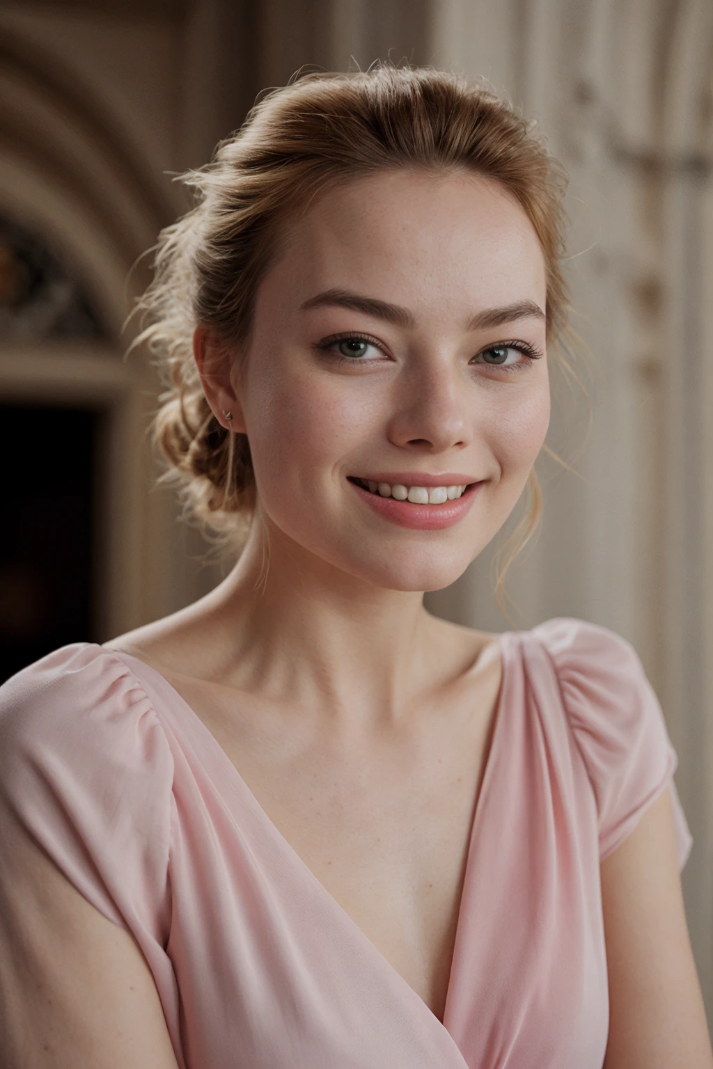 close up photo of a beautiful blond girl, (hair updo), (Happy,  wide smile with raised cheeks and crow's feet around the eyes), twinset with pumps
BREAK
in historical castle, fortified walls, grand halls, medieval
BREAK
pink bubblegum color theme by jingna zhang
BREAK
<lora:[AU]_-_Margot_Robbie:1>