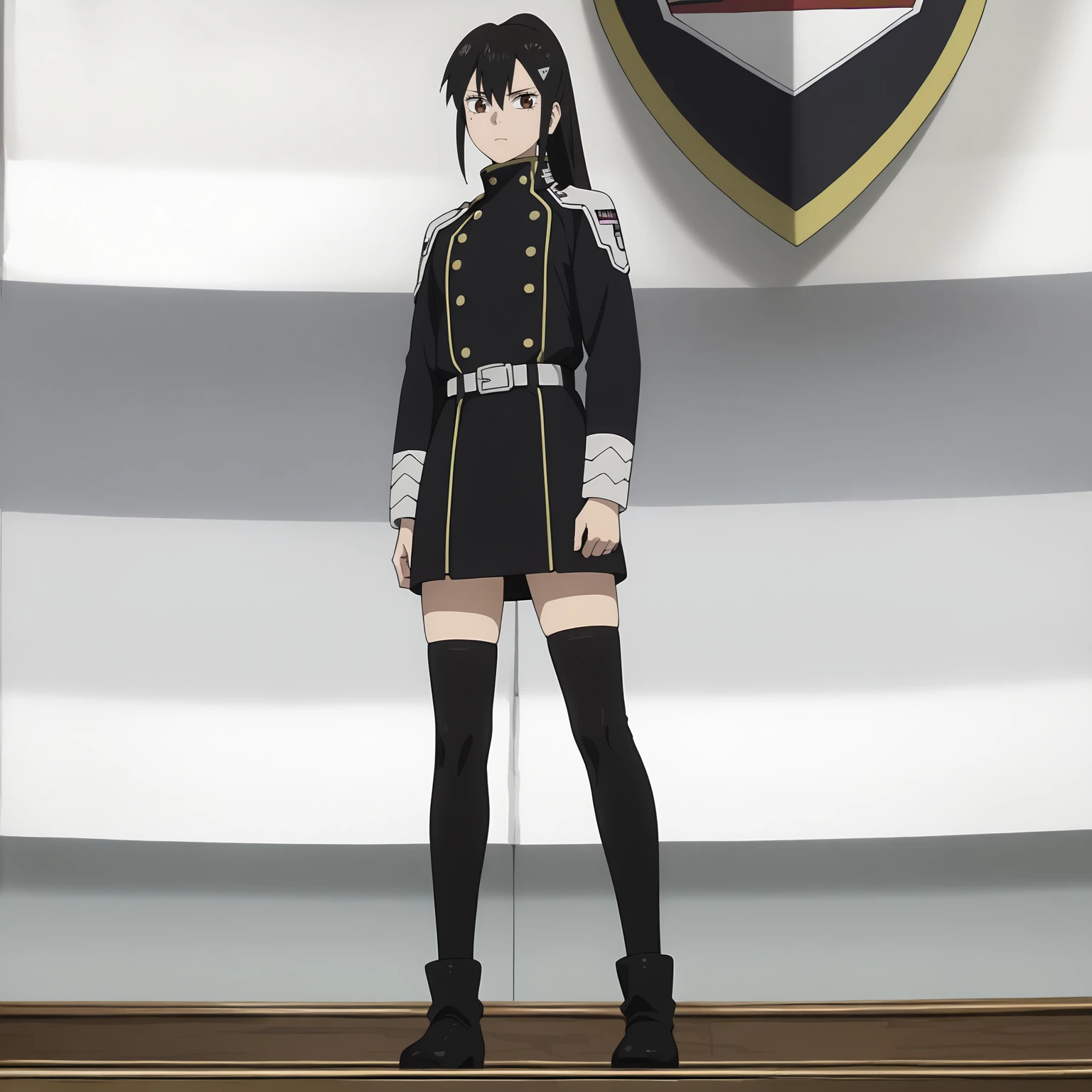 <lora:MinaAshiroXLpony001>,
solo,
MinaAshiro,1girl,black hair,ponytail,brown eyes,mole under eye,
full body,standing,
military uniform,black jacket,belt,skirt,black_thighhighs,