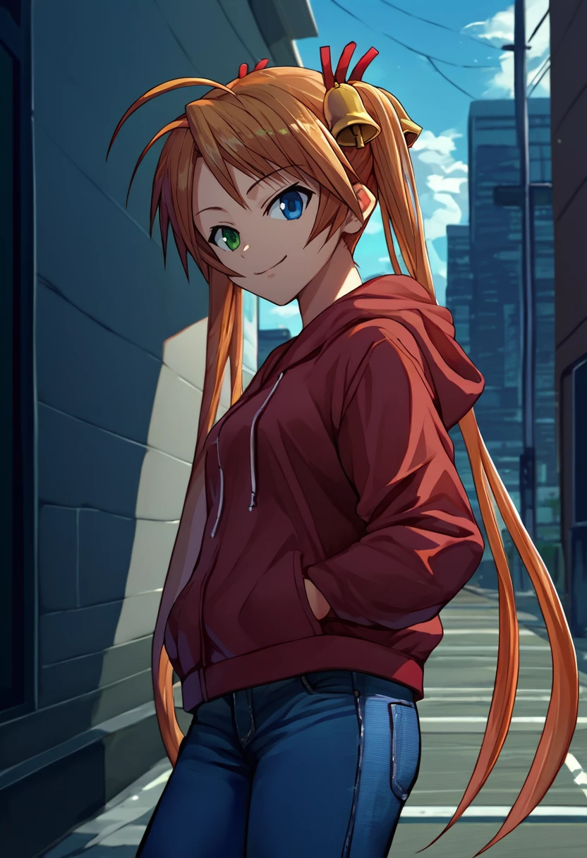 score_9, score_8_up, score_7_up, source_anime, solo, 1girl, kagurazaka asuna, smirk, looking at viewer, hands in pockets, ahoge, twintails, hair bell, heterochromia, green eyes, blue eyes, red hoodie, jeans, outdoors, city street <lora:mahousensei_kagurazaka_ponyXL:1>